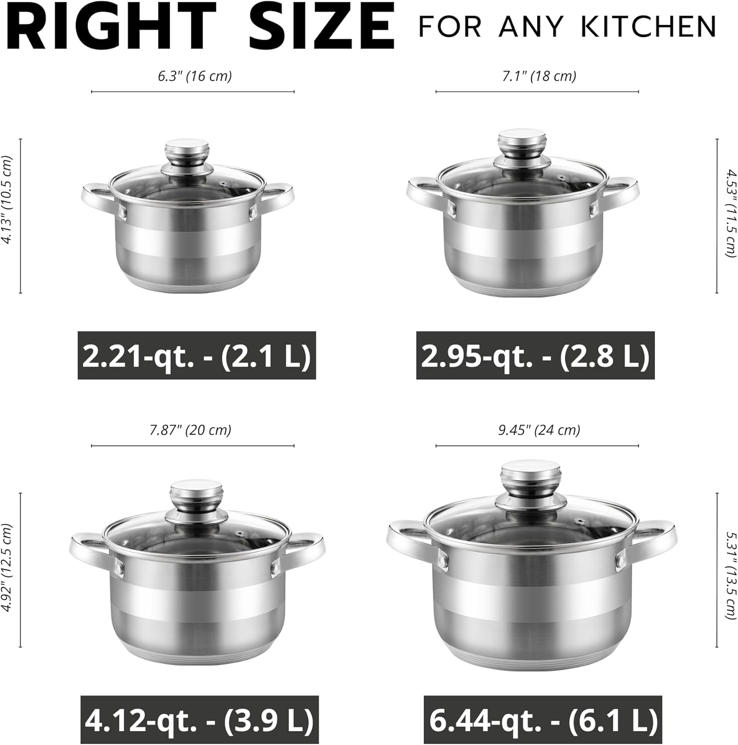Stainless Steel Cooking Pot with Glass Lid Set of 4, Stock Pots, Cookware Pots, Stockpot Set, Casseroles, Induction Pot, 2.21 Qt, 2.95 Qt, 4.12 Qt, 6.44 Qt