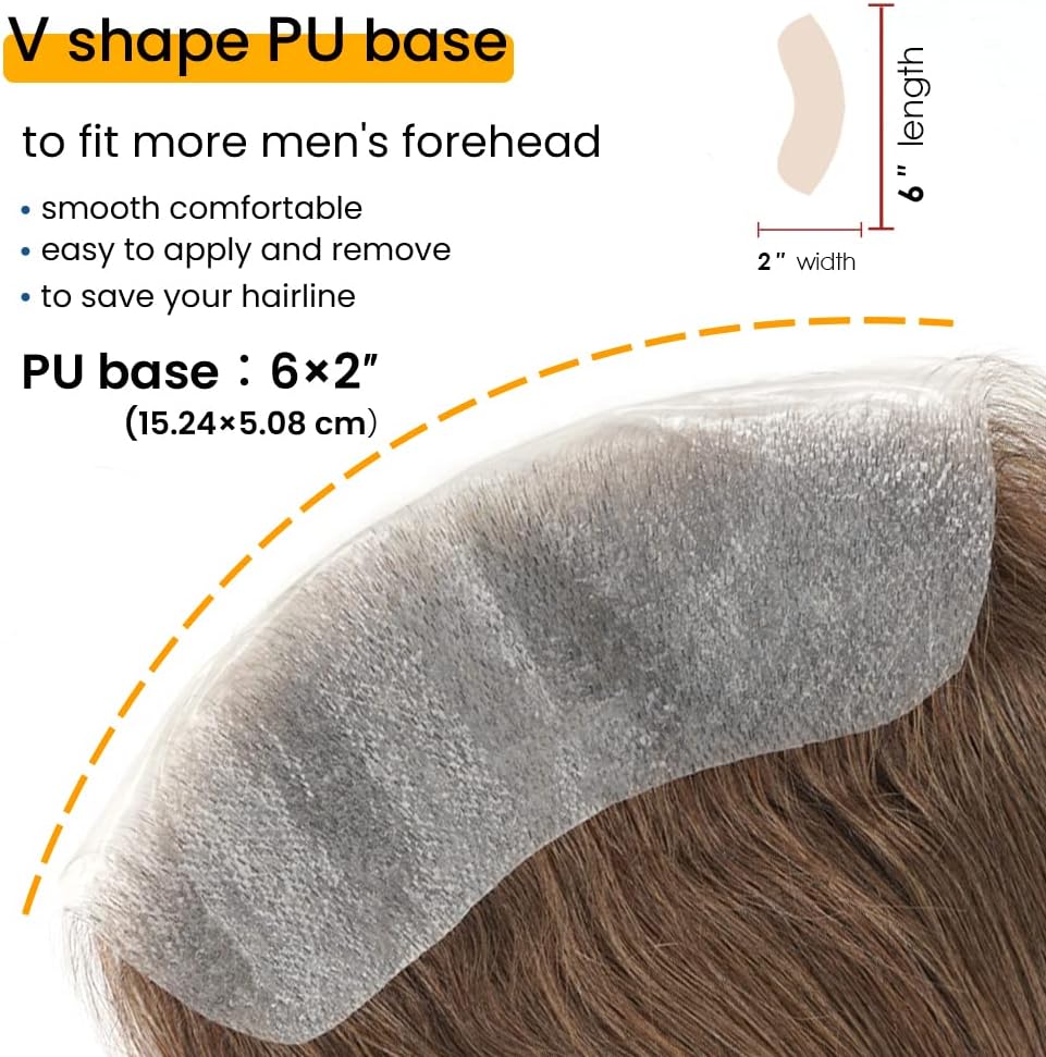 Lordhair V-Shape Frontal Hairpiece for Men Natural Human Hair System with PU Thin Skin for Receding Hairline Coverage - Image 3