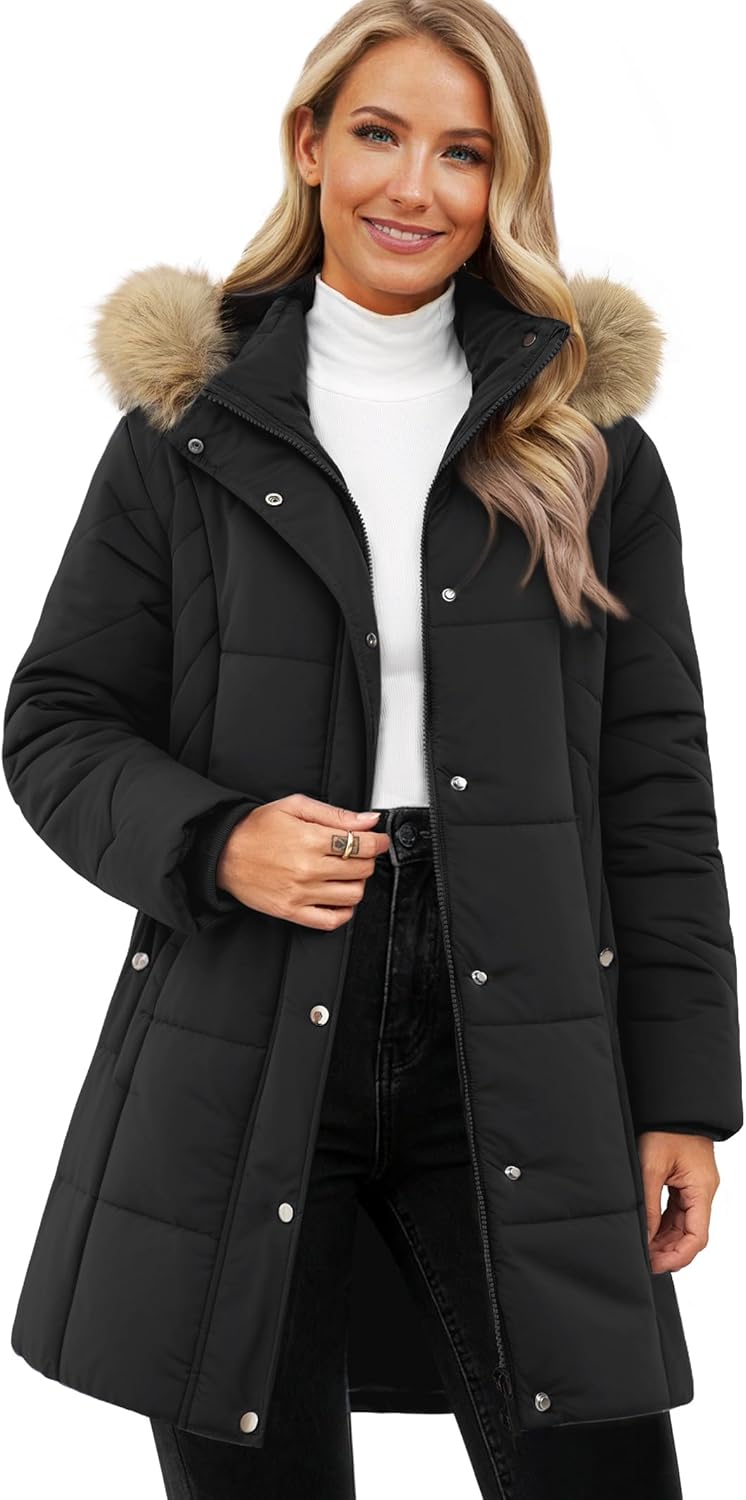 Funlingo Women's Winter Puffer Coat with Removable Hood Zip Up Thickened Long Parka Quilted Puffy Jacket