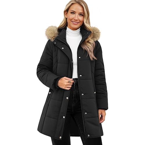 Funlingo Women's Winter Puffer Coat with Removable Hood Zip Up Thickened Long Parka Quilted Puffy Jacket