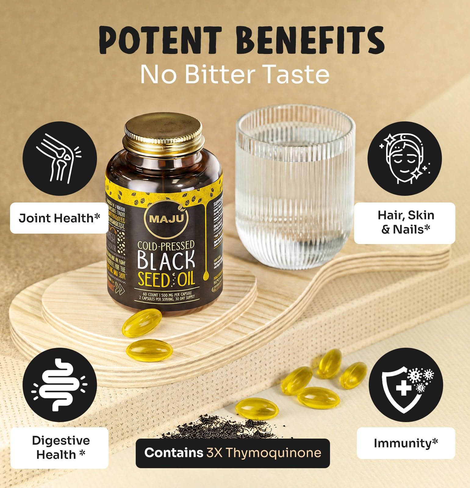 Maju Superfoods Black Seed Oil Capsules - Cold Pressed, 3X Thymoquinone, 100% Turkish Black Cumin Nigella Sativa Seed Oil, Liquid Pure Blackseed 60 Count, 500mg per Capsule — Amazon image 4