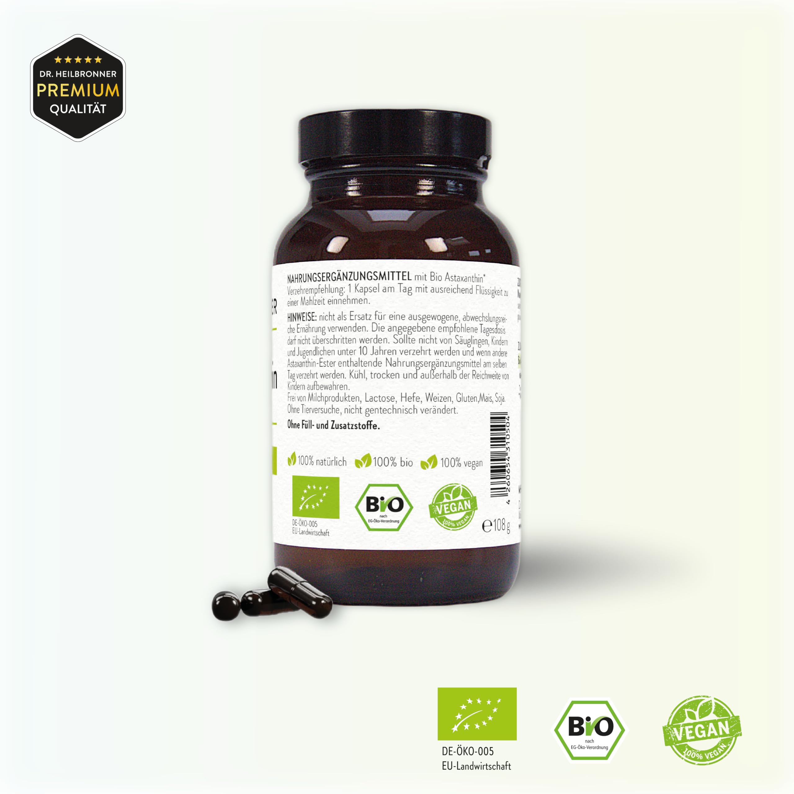 Dr. Heilbronner Bio Astaxanthin 4 mg Kapseln hochdosiert in der Glasflasche 180 Stk. I Antioxidantien aus der Vitalalge Haematococcus Pluvialis I Supplements Carotinoide vegan glutenfrei & lactosefrei