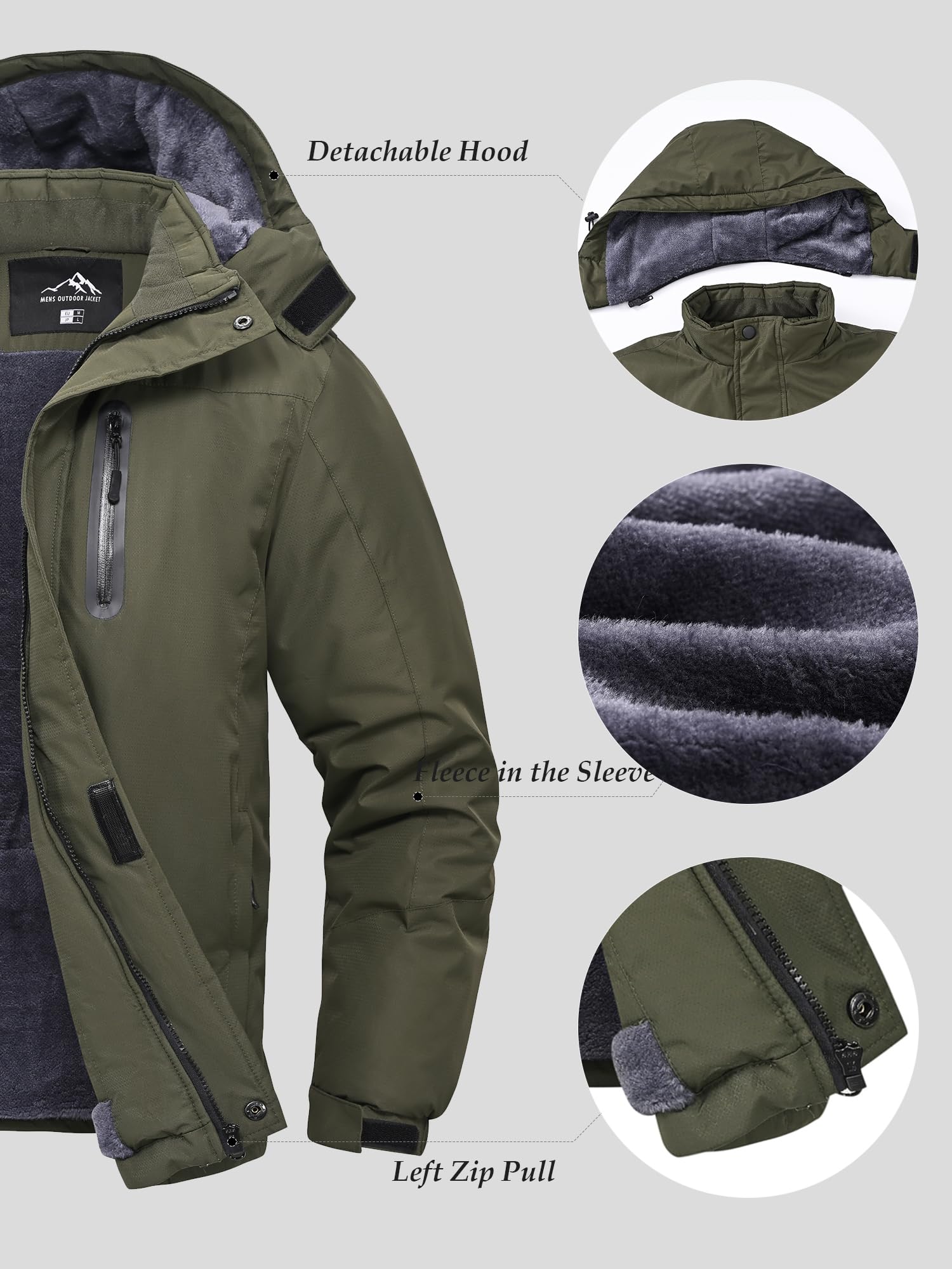 Herren Fleece Warme Winterjacke Outdoor Skijacke Winter Wanderjacke Arbeitsjacke Fleecejacke Übergangsjacke mit Tasche, Dunkelgrau, L