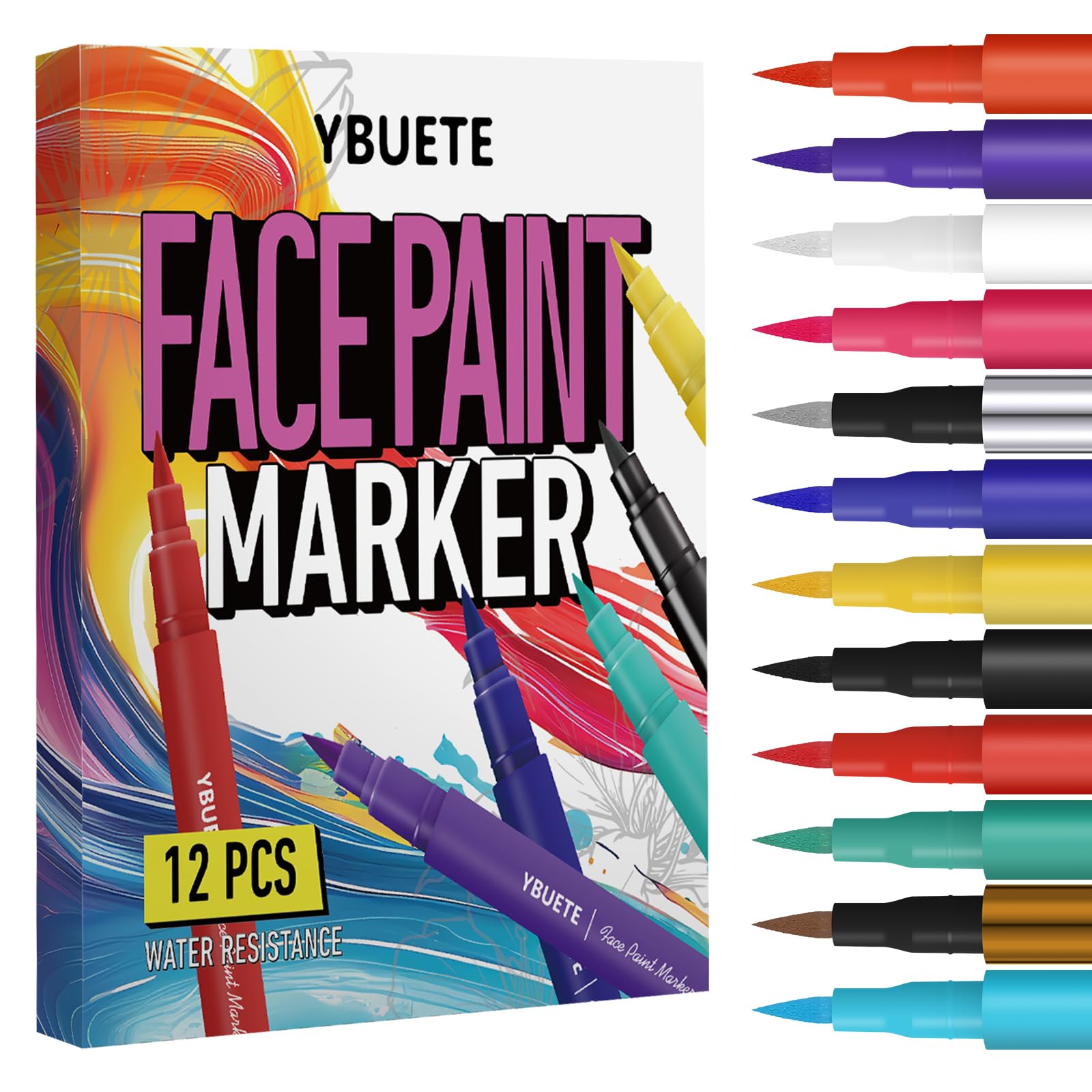 YBUETE 12 Colors Water Resistance Temporary Face Body Painting Markers 12-Color Face Body Painting Markers