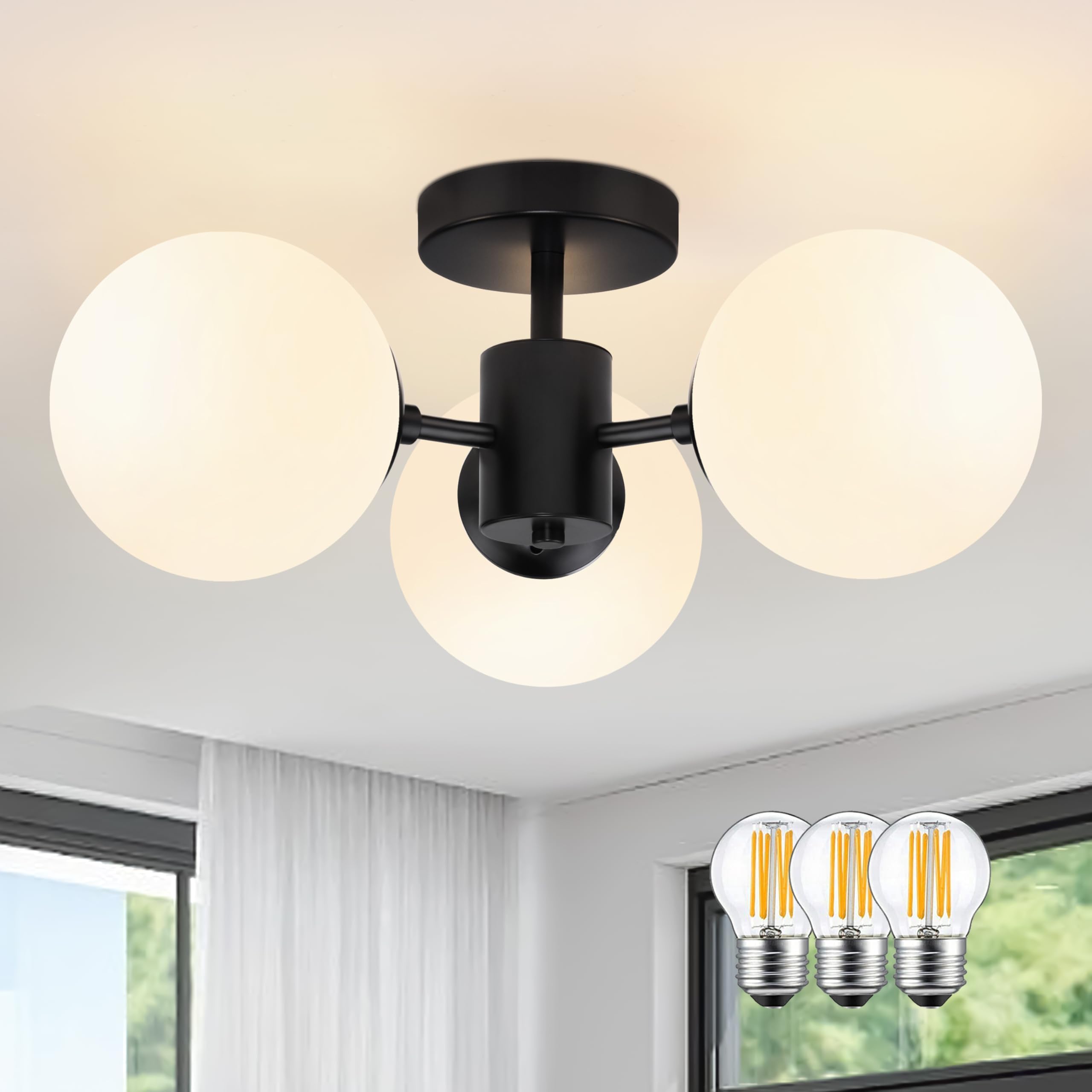 3-Light Semi Flush Mount Ceiling Light, Black, Milky White Frosted Glass Globe Shades, 19 Inch, E26 Base, Includes Warm White Bulbs-image-24