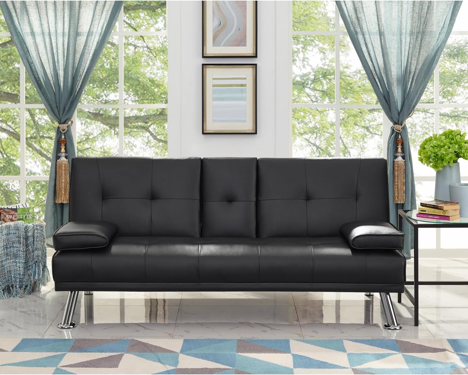Futon Sofa with Armrest and Cupholders Black