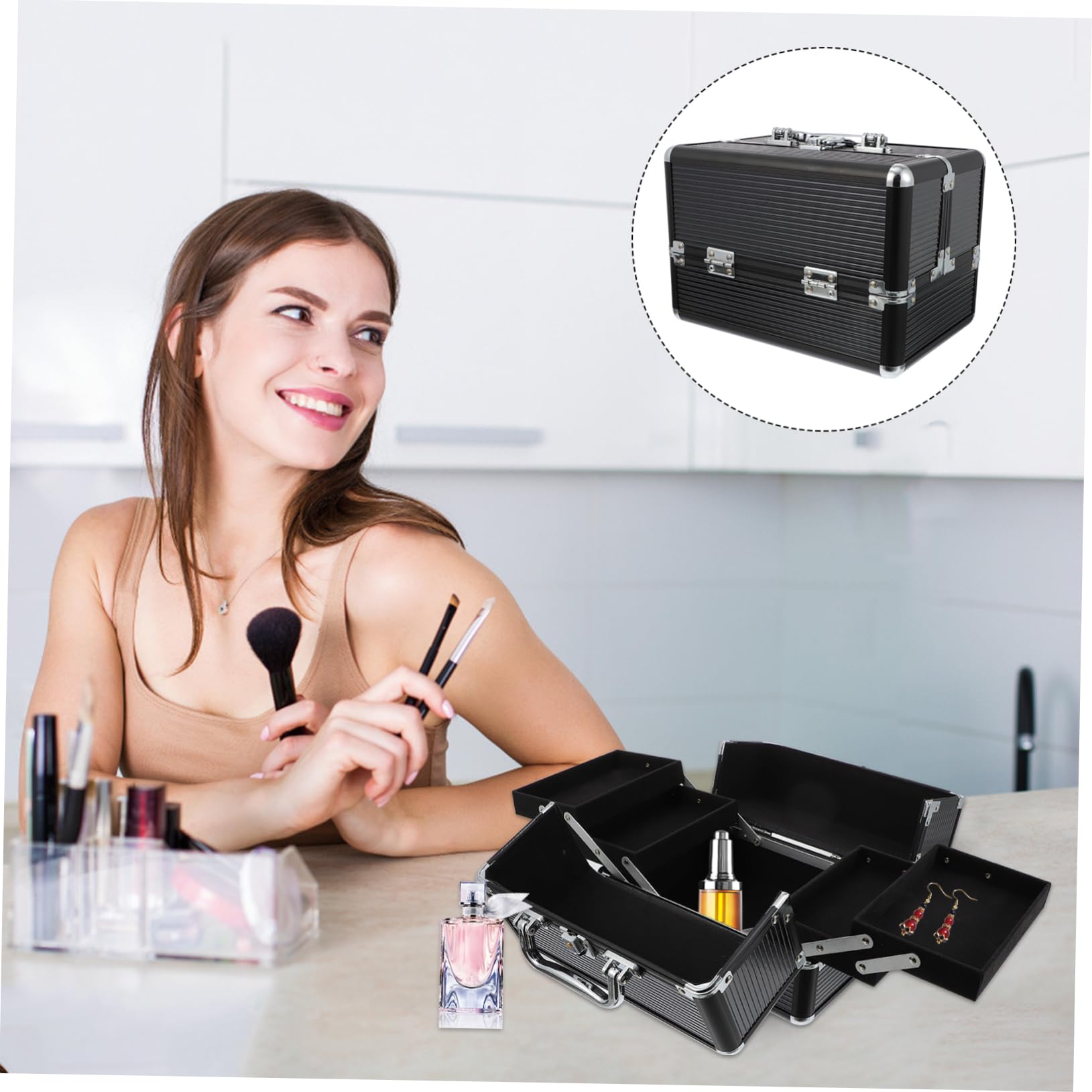 PLAFOPE Aluminiumlegierungs Kosmetikkoffer Leicht und Vielseitig Schwarz mit Ordentlicher Aufbewahrung für Make Up und Werkzeuge für Arbeit und Veranstaltungen