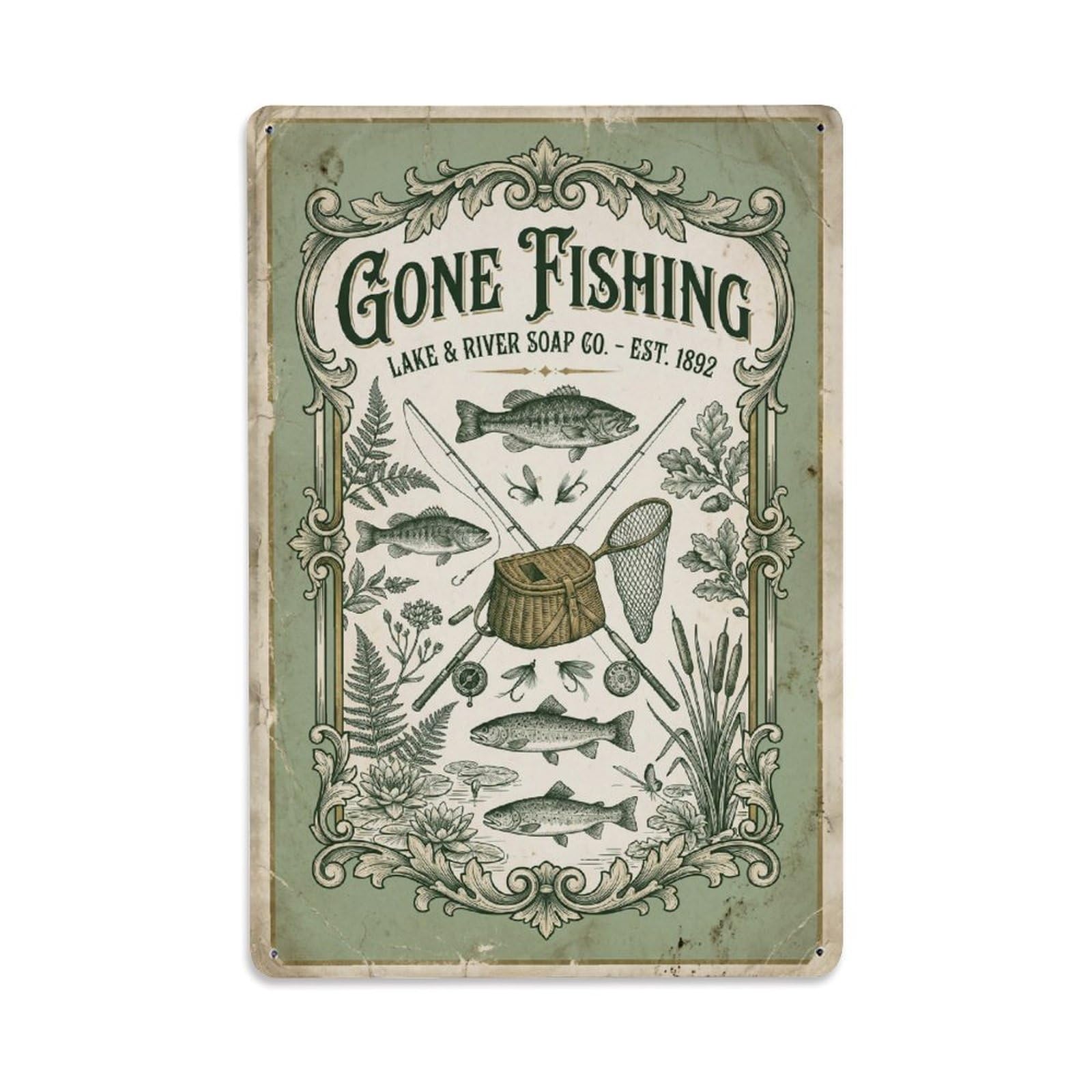 Gone Fishing Fishing Tradition Vintage Metal Tin Sign Plaque Wall Decor for Cafe, Club, Garden Metal Poster 8x12Inch