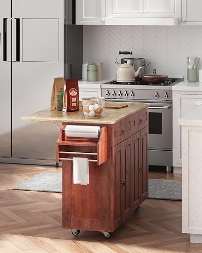 Miniatura 8 de Isla de cocina con encimera de hojas caídas, carrito de isla de cocina de madera con ruedas bloqueables con dos cajones grandes y dos armarios de