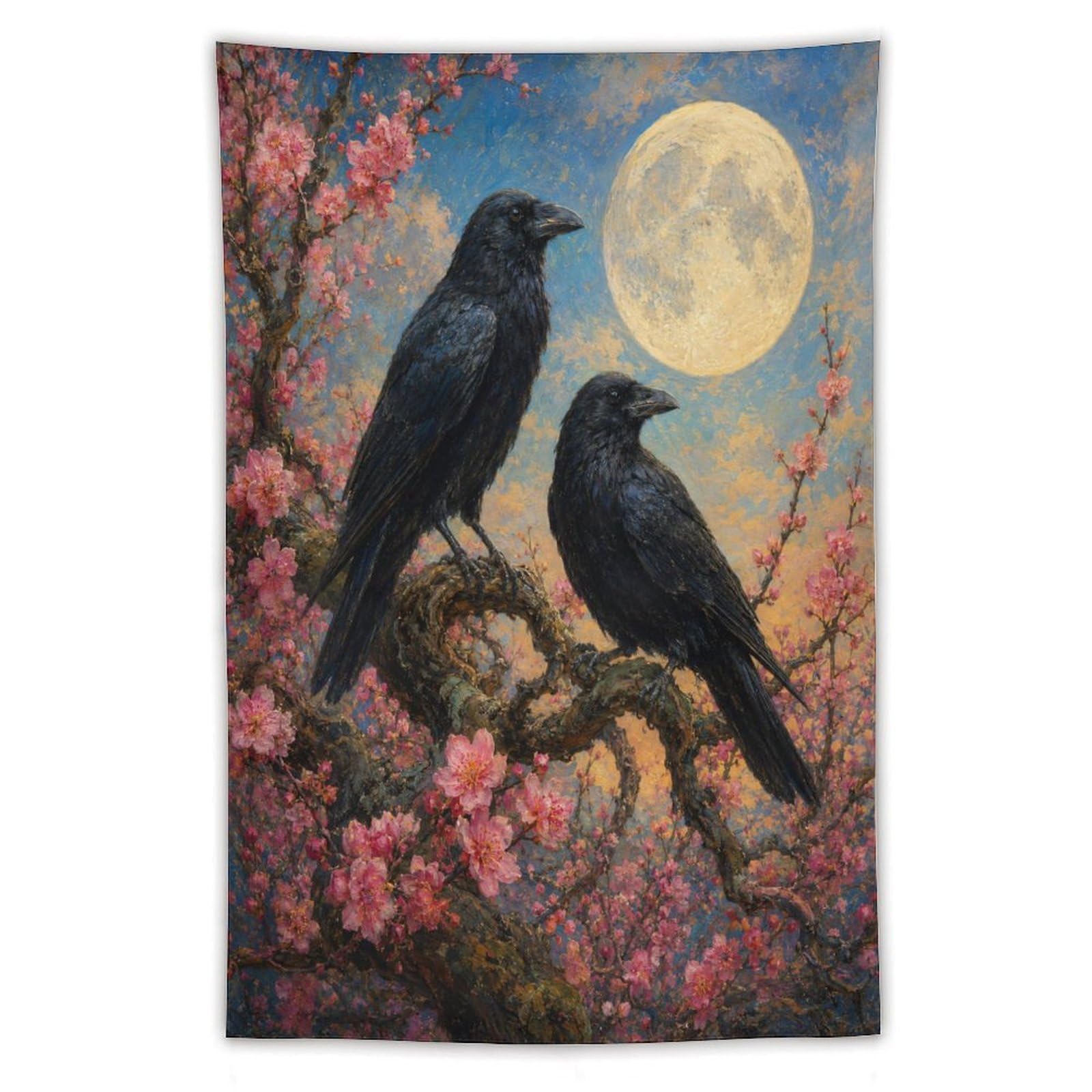 W7C8U2X3 Ravens Under Moon Wall Tapestry, Ukiyo-e, Cherry Blossom