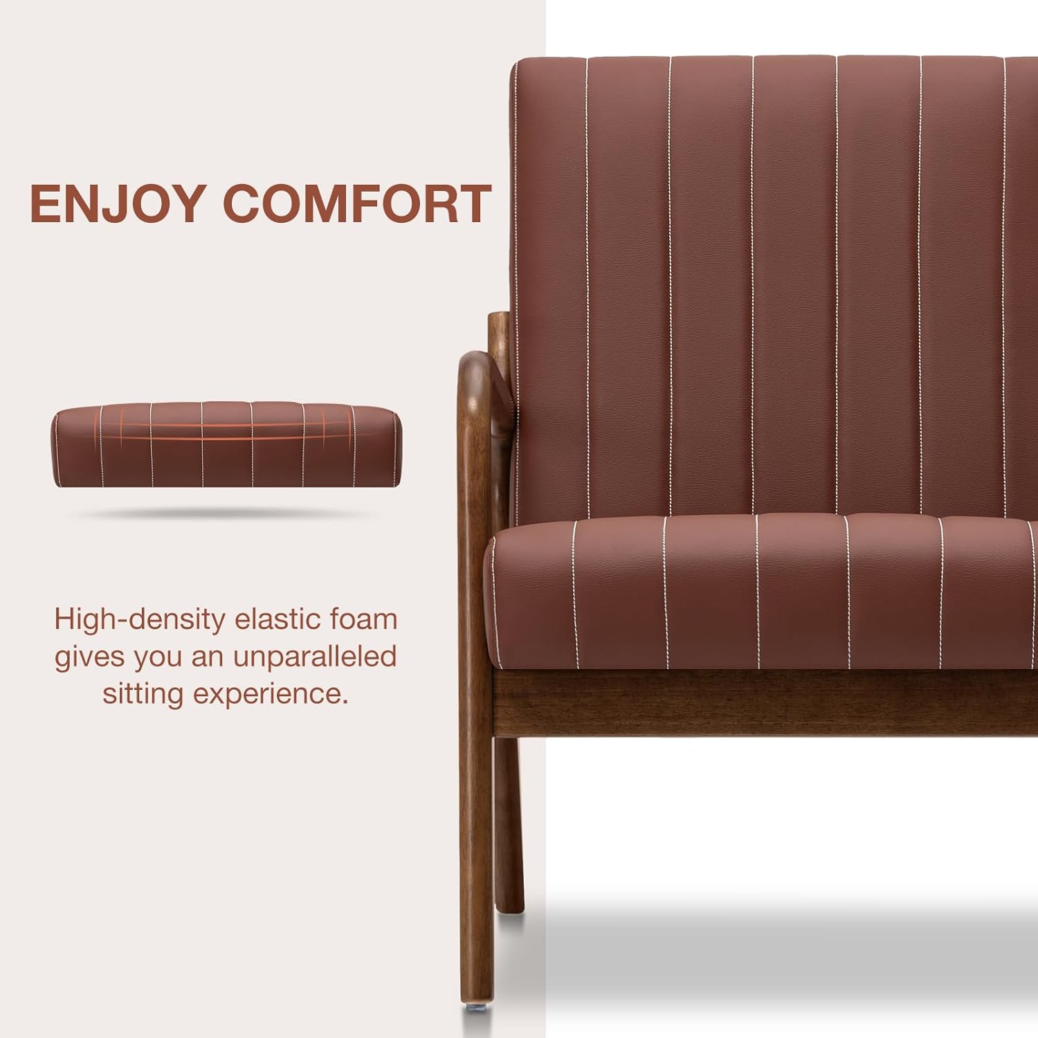 HOMMPA Mid-Century Modern Accent Chair Set of 2, Comfy Reading Armchair with Solid Wood Frame & Lumbar Pillow, Upholstered Linen Lounge Chair with Side Pocket for Living Room, Bedroom,Balcony (Brown)