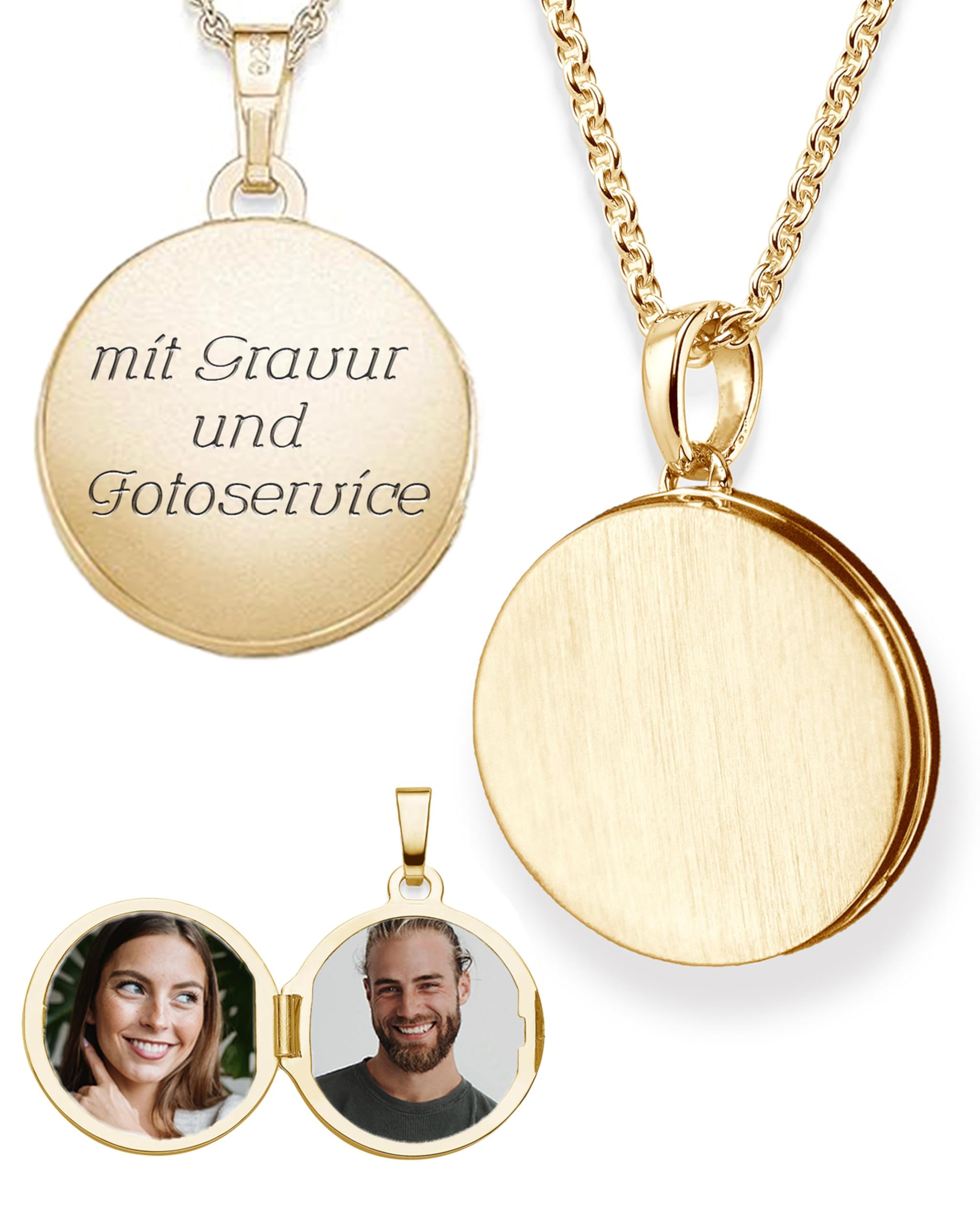 Damen Medaillon rund zum Öffnen für Bilder in Silber 925 und vergoldet | Gold / Rosegold, Kette 45-50cm, Foto Upload Service & Gravur, Rundes Medaillon aufklappbar für Frauen Mama Freundin