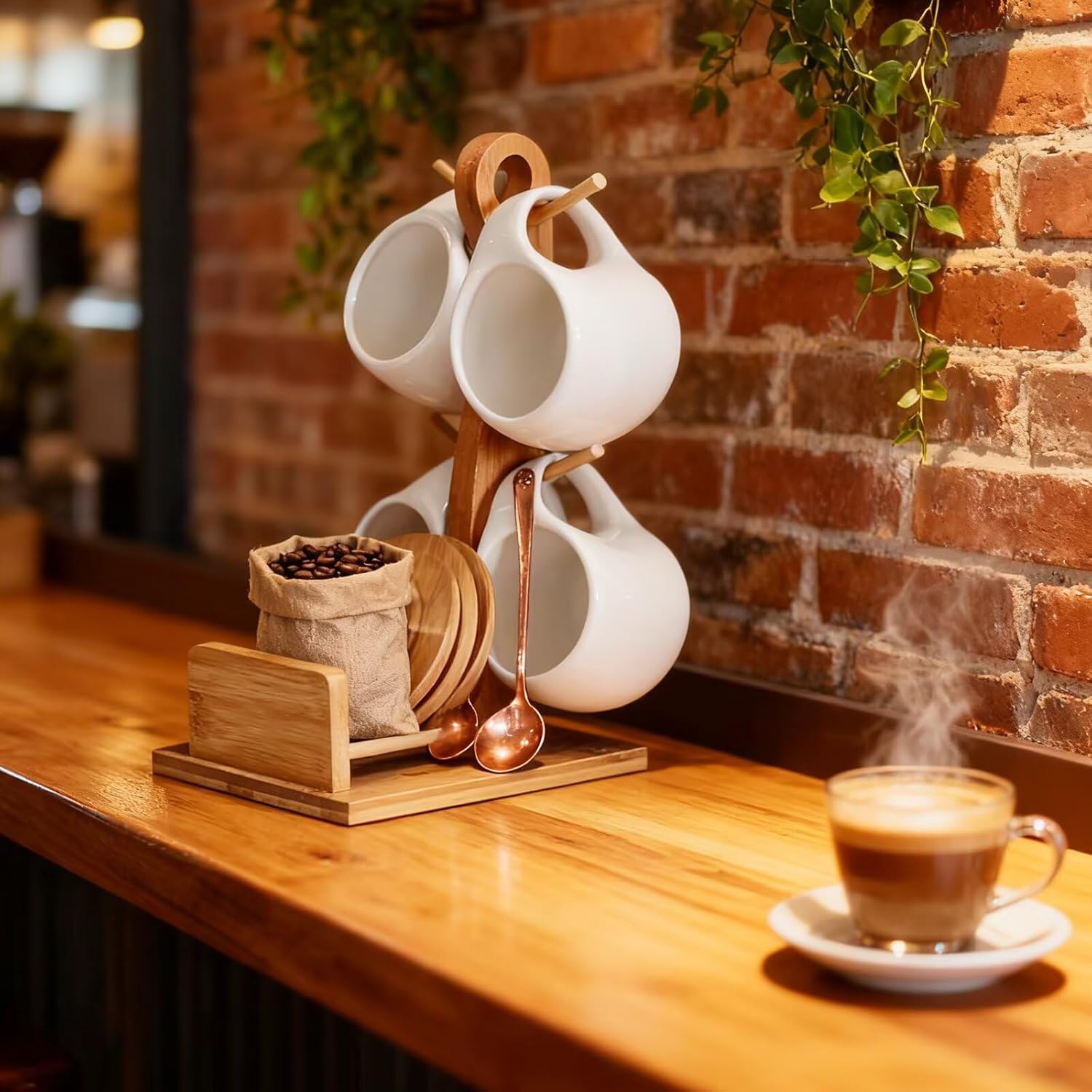 Bamboo Coffee Mug Holder with Coasters 12.6x15.6x26cm - Organize Your Mugs & Protect Your Table in Style, Perfect for Kitchen & Office