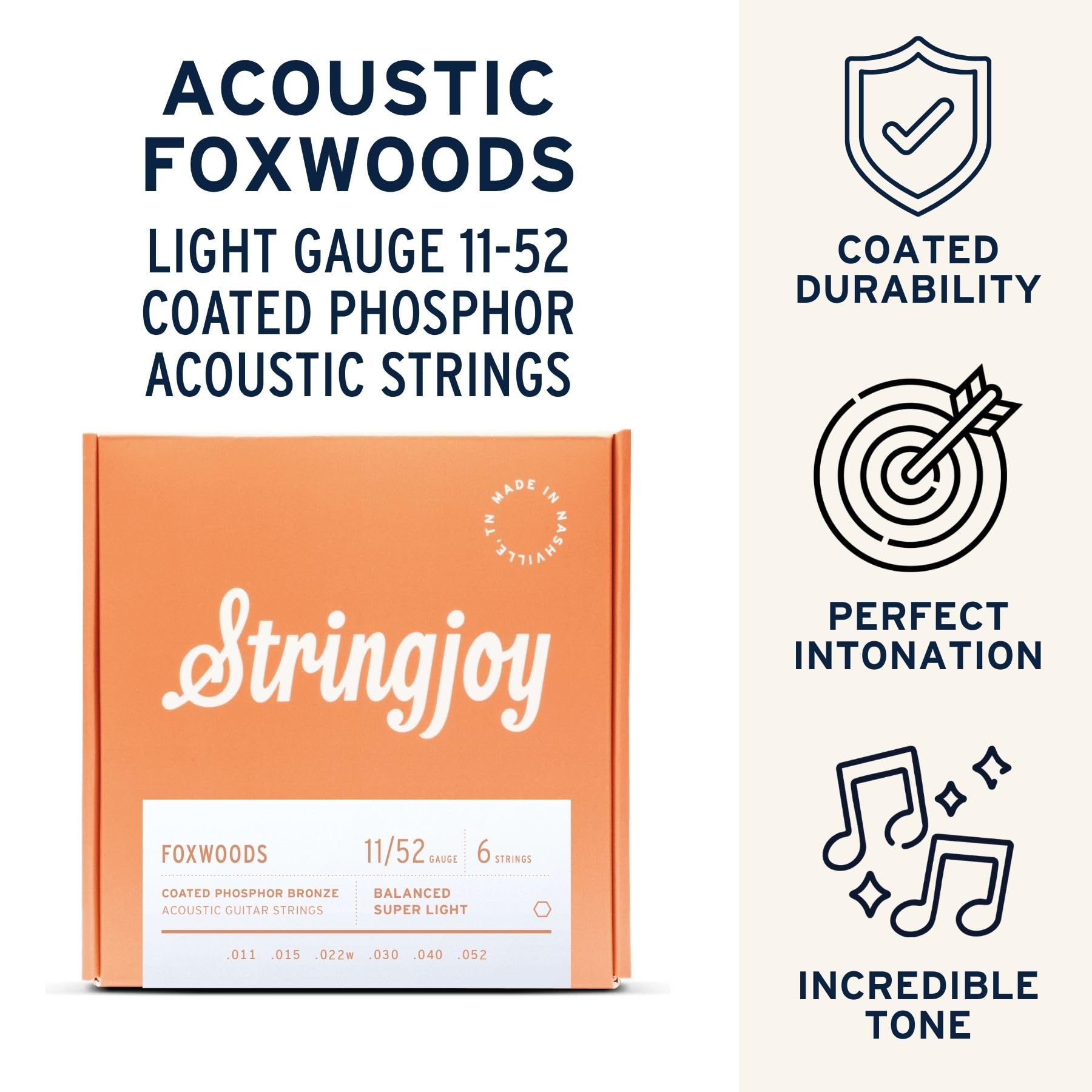 Stringjoy Corde per chitarra acustica bilanciate super leggere rivestite in bronzo fosforoso 11-52, FW1152, tono e qualità del suono di lunga durata, set di 6 corde acustiche, confezione da 2