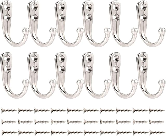 Beilala 12 Pack Coat Hooks Door Wall, Small Single Metal Hook with 30 Screws Hanging Clothes, Robe, Towel, Hat, Key, Cup for Bedroom Bathroom Kitchen Office Closets (Silver)