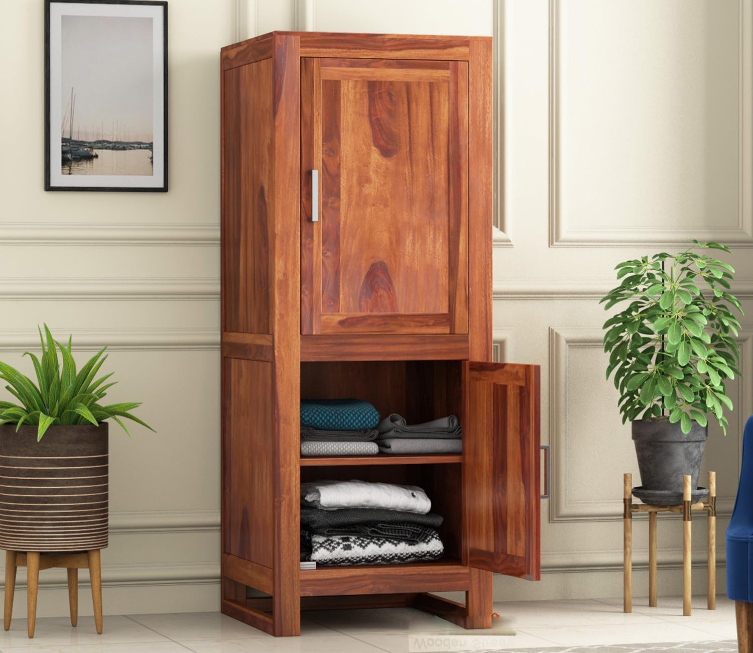 Rajasthali Furniture Woodcrony Wooden Single Door Wardrobe Organizer for Clothes | Solid Wood Almirah with 4 Shelves Cupboard for Large Bedroom (Sheesham, Honey Finish)-image-9