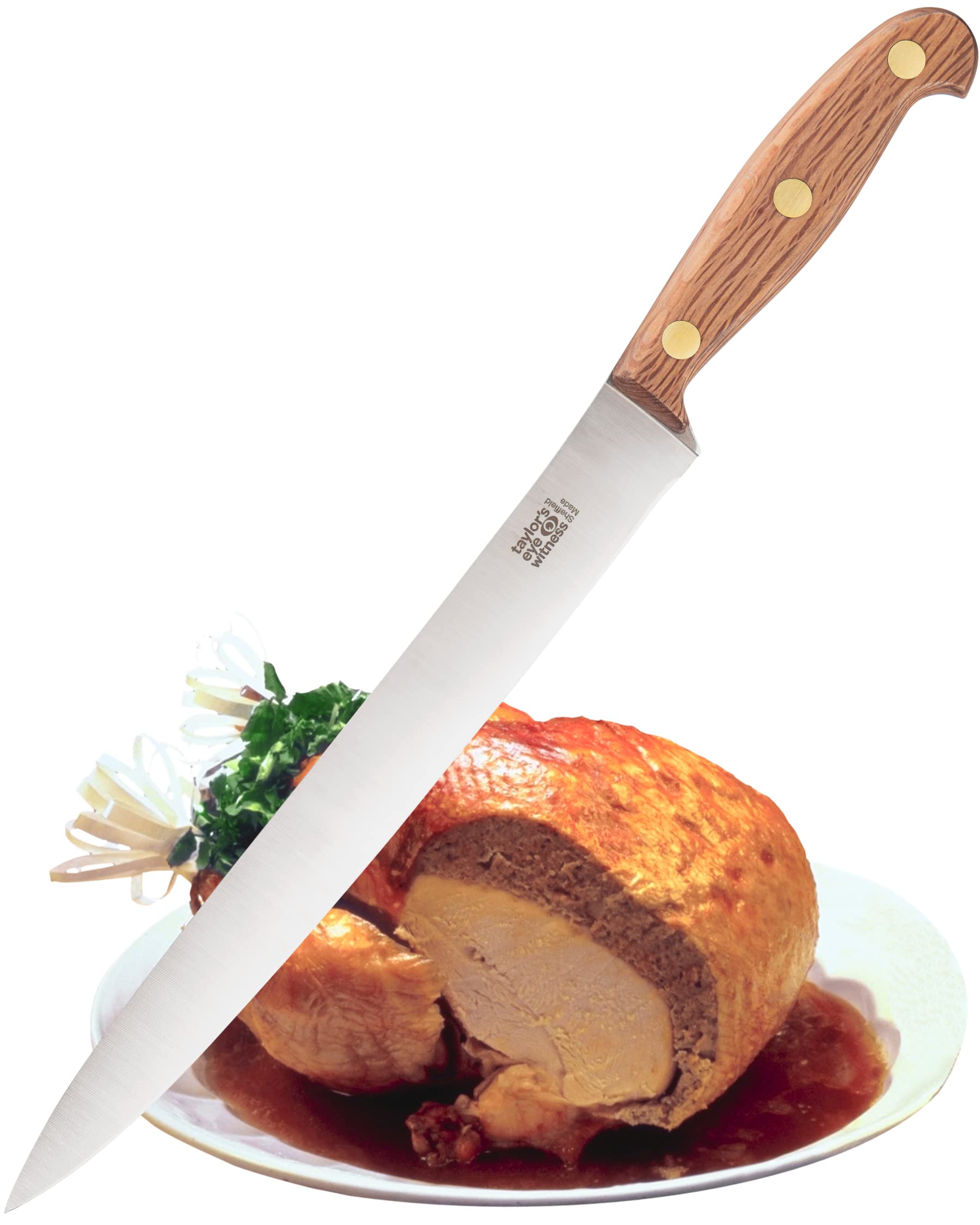 – Heritage Oak 9in Carving Knife - Made in Sheffield with World-Famous Sheffield Steel by Taylors Eye Witness. 23cm Razor Sharp High Carbon Blade. Brass Rivets. Full Tang. European Oak Wood Handle.