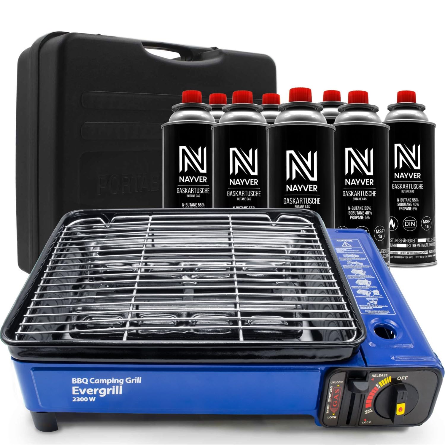 Camping Gasgrill Evergrill mit 8 Gaskartuschen (MSF-1A) | Transportkoffer, Campinggrill, Tischgrill, Butangas, Reisegrill