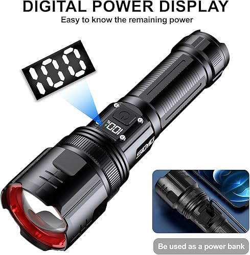 Miniatura 7 de Linternas de alto lúmenes, 200000 lúmenes linterna recargable con pantalla de alimentación digital, linterna táctica con zoom, 4 modos para camping,