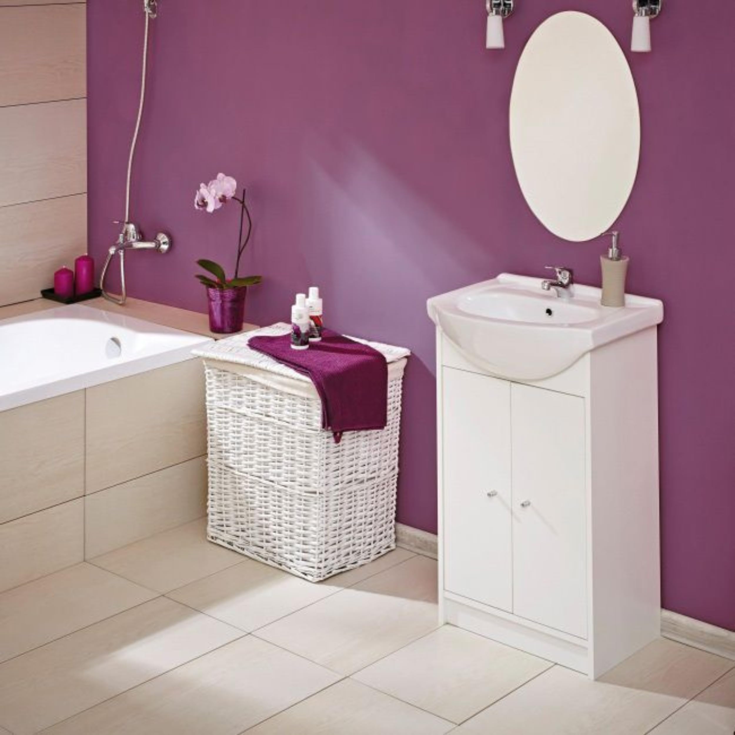 Domodomo - Armadietto da bagno con lavandino, 85 x 50 x 25,5 cm, laccato, elegante set con lavabo in ceramica, mobile bagno con lavabo (manico rotondo bianco)
