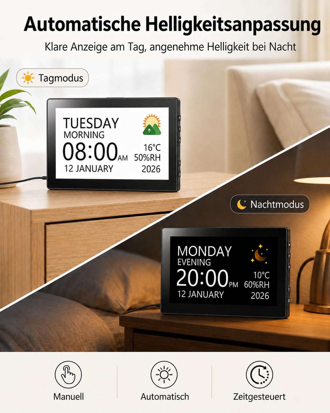 Roxicosly 10.1' Digitaler Kalender, Digital Uhr mit 20 Alarmen & Erinnerungen, 12 Themen, 12/24HTemperatur & Luftfeuchtigkeit, Dimmbar & 6 Sprachen, USB & SD, Wecker Digital für Senioren