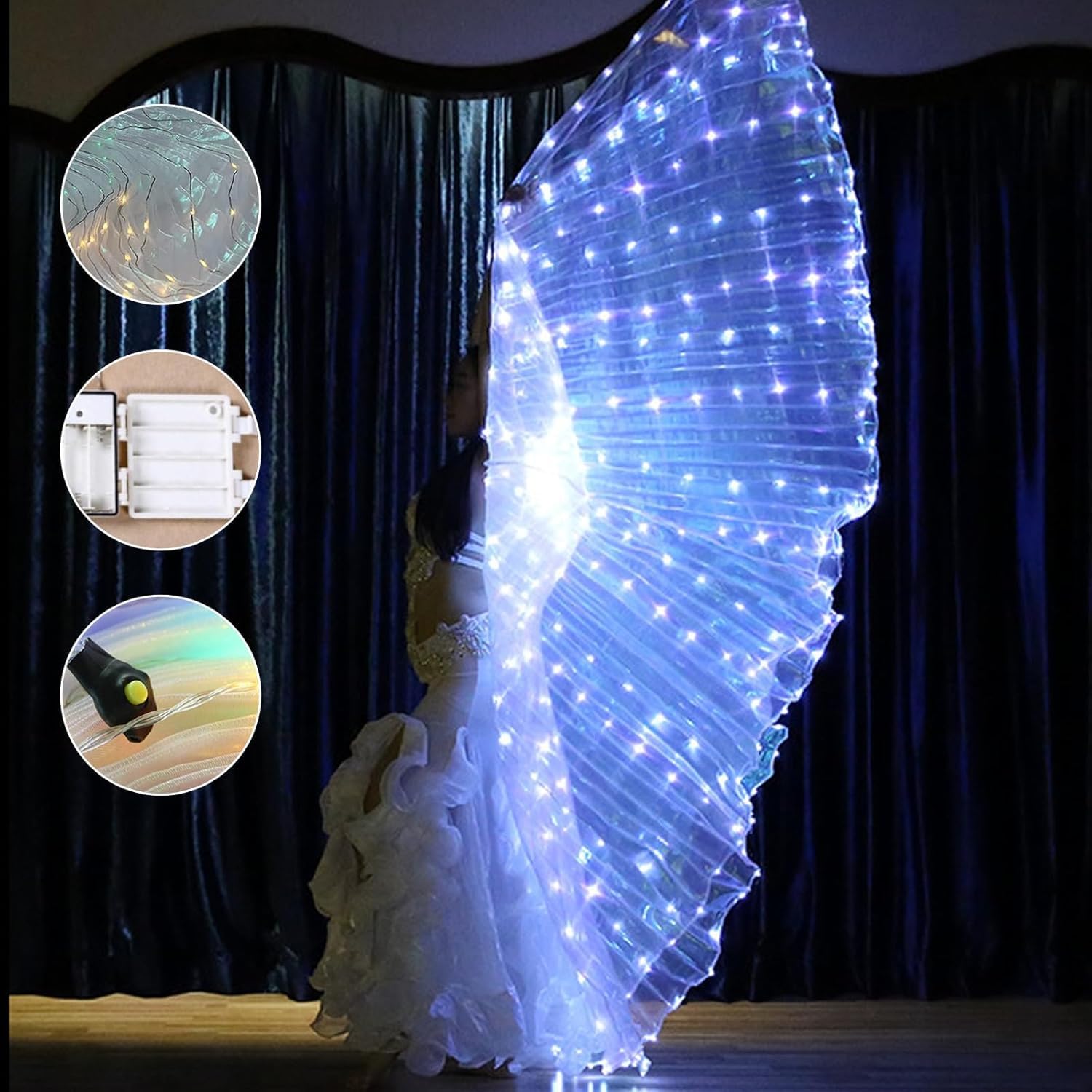 Ailes LED Isis, ailes pour danse du ventre avec ailes de papillon LED colorées et bâtons télescopiques lumineux - Costume de performance pour carnaval, scène, Halloween, Noël, fête (Adulte, Blanc