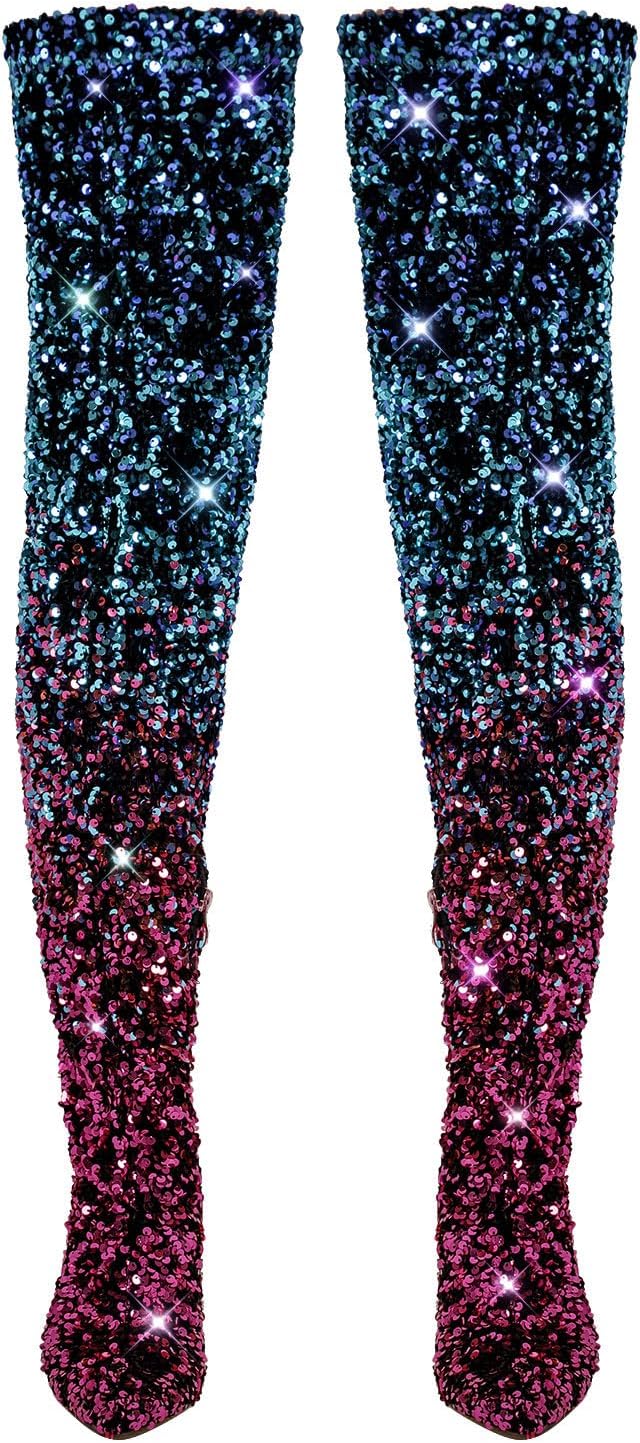 LISHAN Women's Nightclub Over Knee Thigh High Boots Glitter Sequince Sparkly Pointed Toe Stilettos