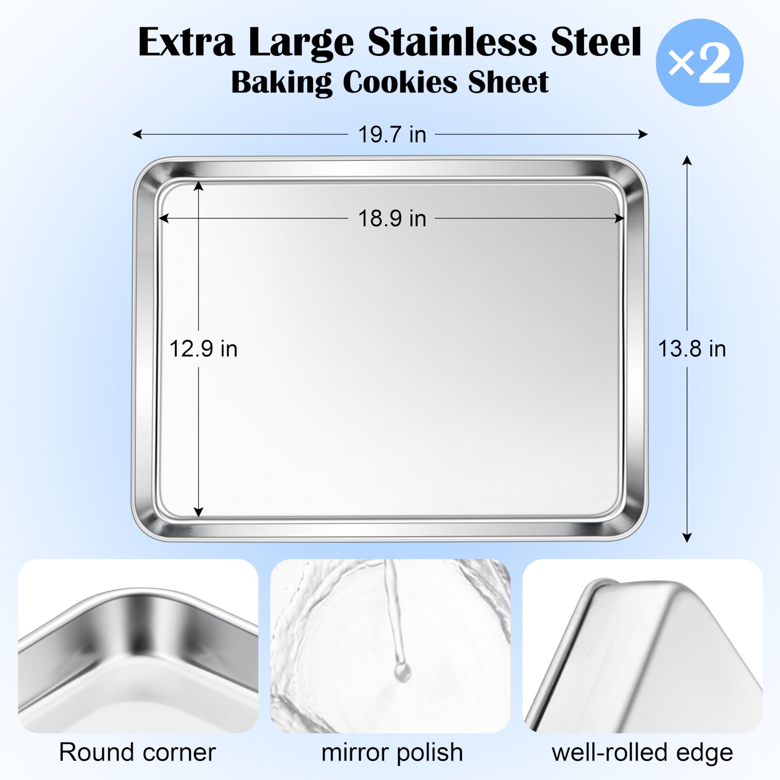 E-far Bandejas grandes para hornear, bandejas de acero inoxidable de 20 x 14 pulgadas para horno, bandejas de metal grandes no tóxicas para hornear galletas de pasteles, saludables y sin óxido,