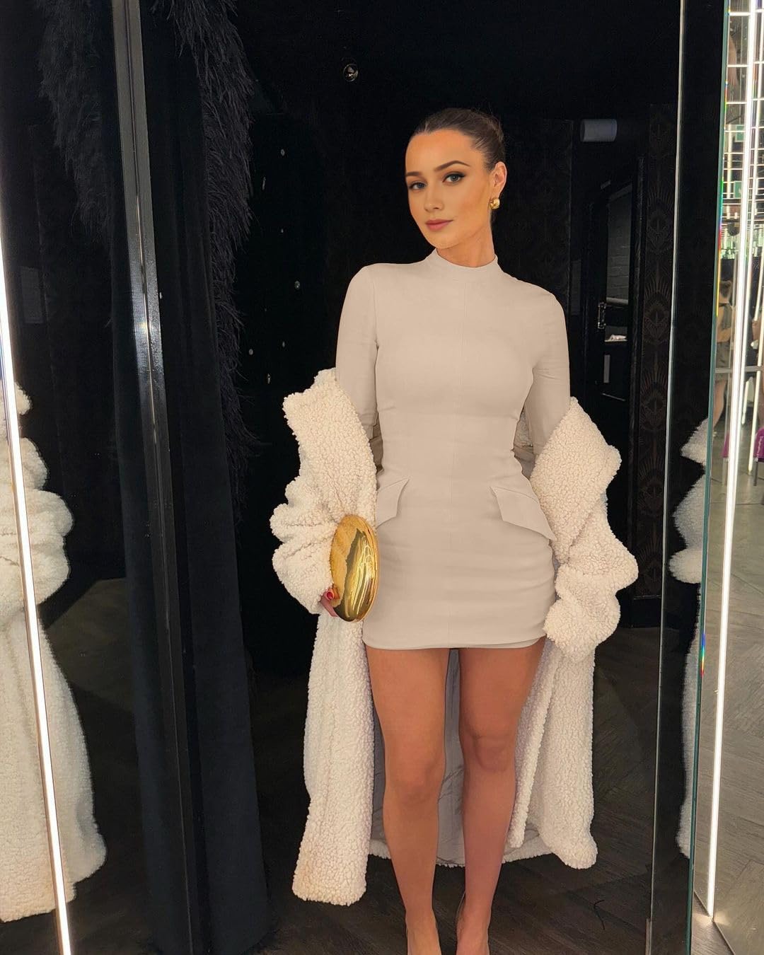 OFEEFAN Women's Fall Long Sleeve Mock Neck Dress Basic Party Club Bodycon Mini Dresses