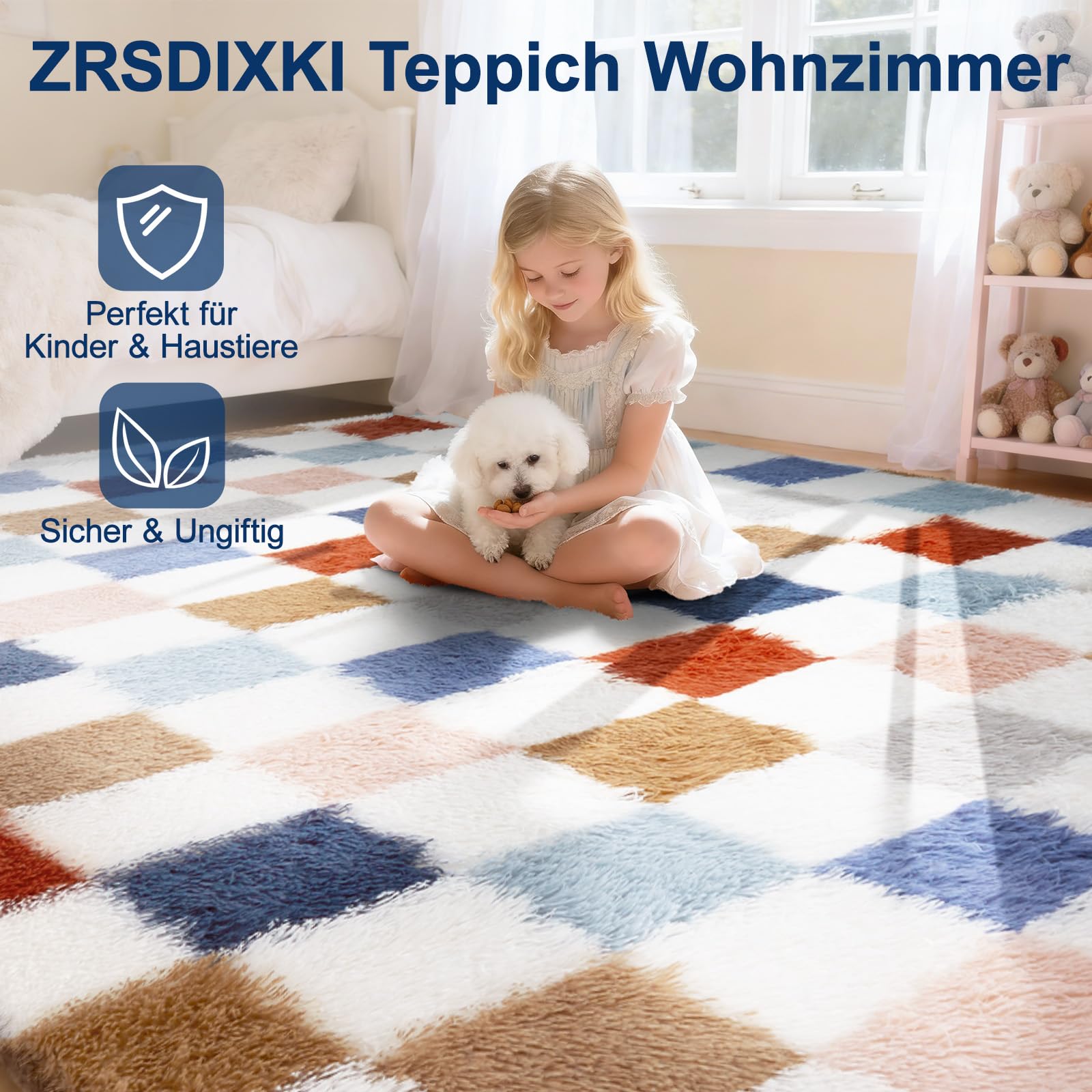 Flauschiger Teppich 200 x 300 cm Waschbar für Wohnzimmer(Farbe) | Anti-Rutsch Moderne Extra großer Teppich fürs Kinderzimmer, Schlafzimmer