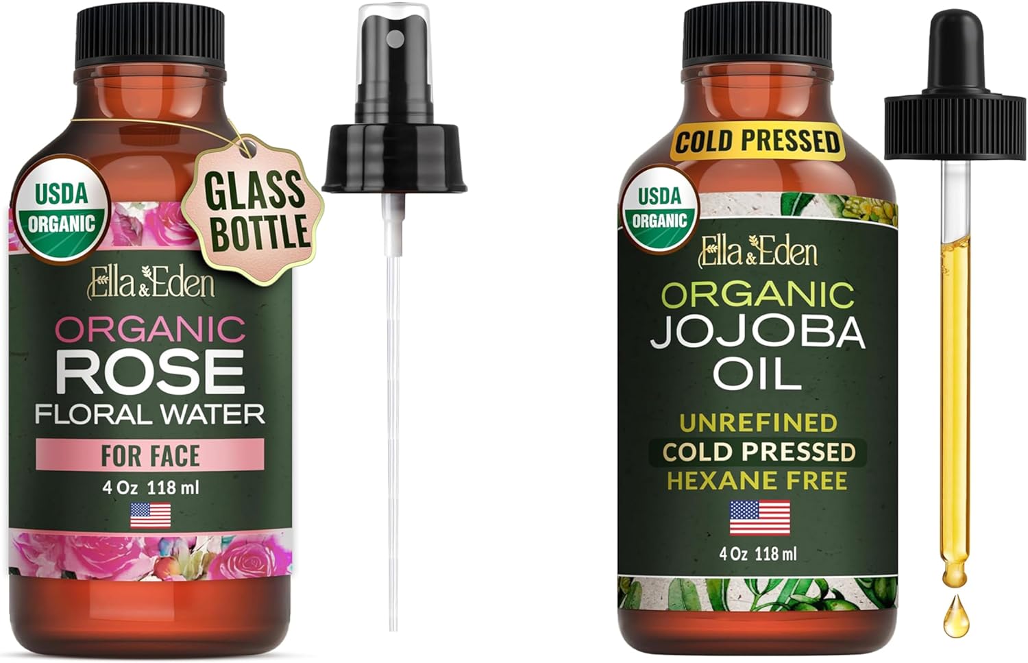 Ella & Eden Organic Rose Water Spray & Organic Jojoba Oil for Face & Skin | USDA Certified, Unrefined, 100% Pure, Hexane-Free, 4oz