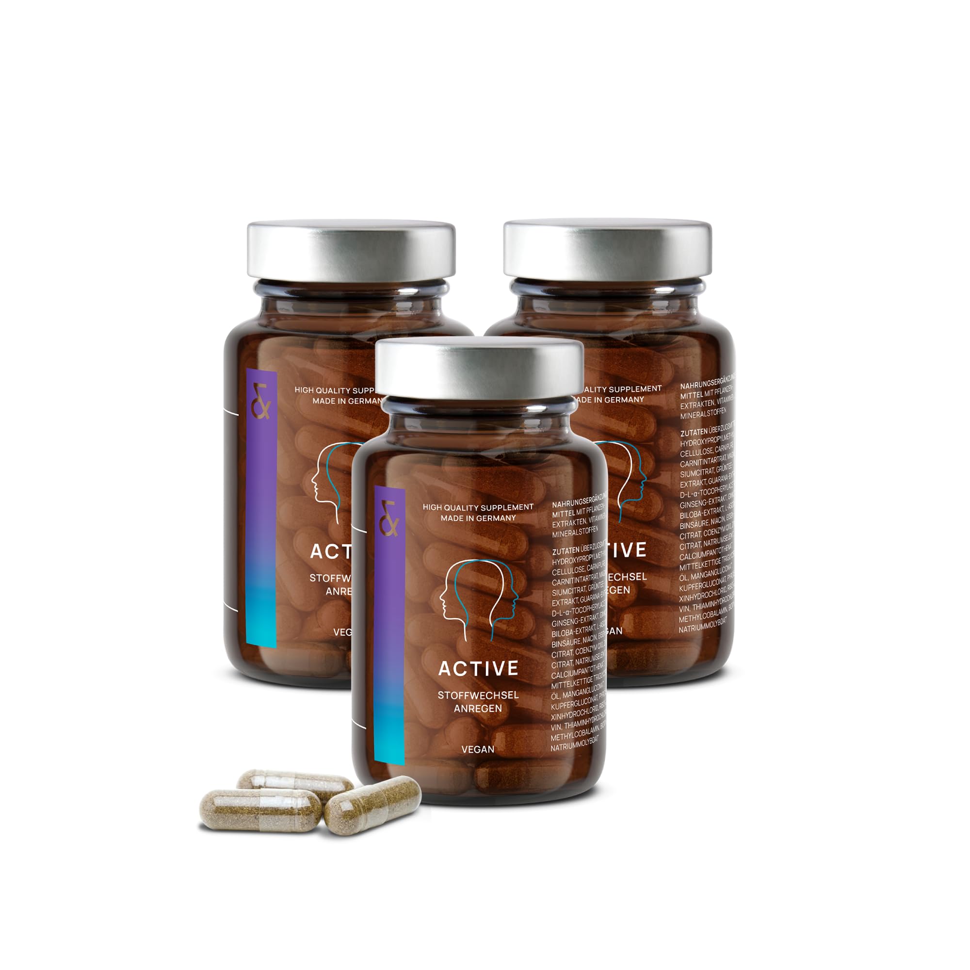 3er Set - CLAV N°3 Active - Stoffwechsel mit L-Carnitin, Grüntee Extrakt, Guarana, Ginkgo & Ginseng - gegen Müdigkeit und Erschöpfung - 60 Stoffwechsel Kapseln - Vegan