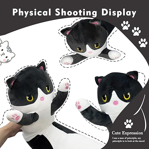 Miniatura 5 de Almohada larga de felpa de gato negro de 19.6 pulgadas, lindo peluche de animales de peluche, juguete de peluche suave Kawaii gatito, regalo de