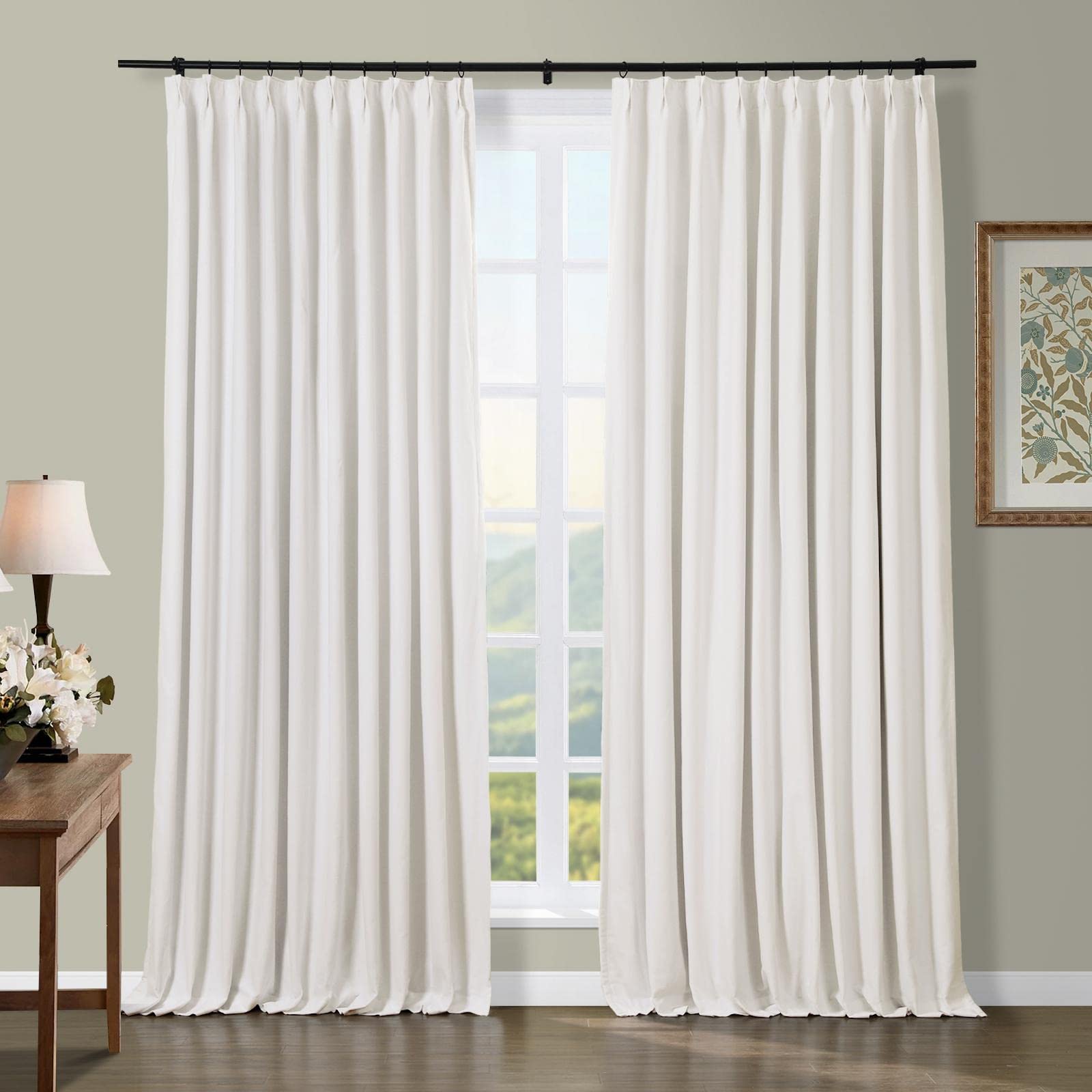 TWOPAGES Pure Cotton Blackout Curtain Panel Pinch Pleated Drapery Thermal Insulated for Bedroom, 1 Panel, 52W x 96L Inch, Beige White