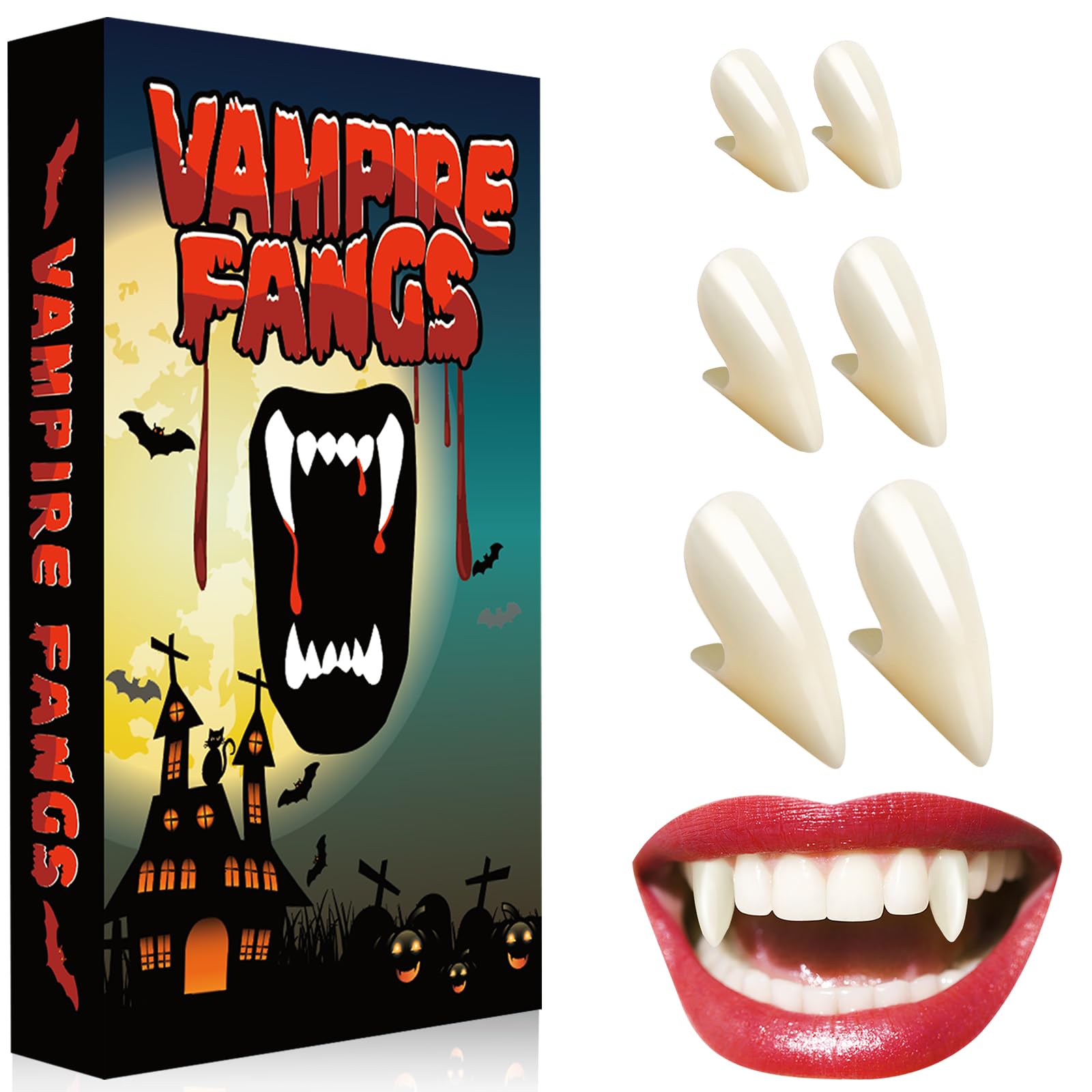 Halloween Fake Vampire Teeth for Adult – 3 Pairs Stick On Vampire Fangs with Adhesive for Halloween Cosplay Makeup Vampire Costume Accessories Women Men, Fake Fangs Werewolf Teeth Party Favors Props