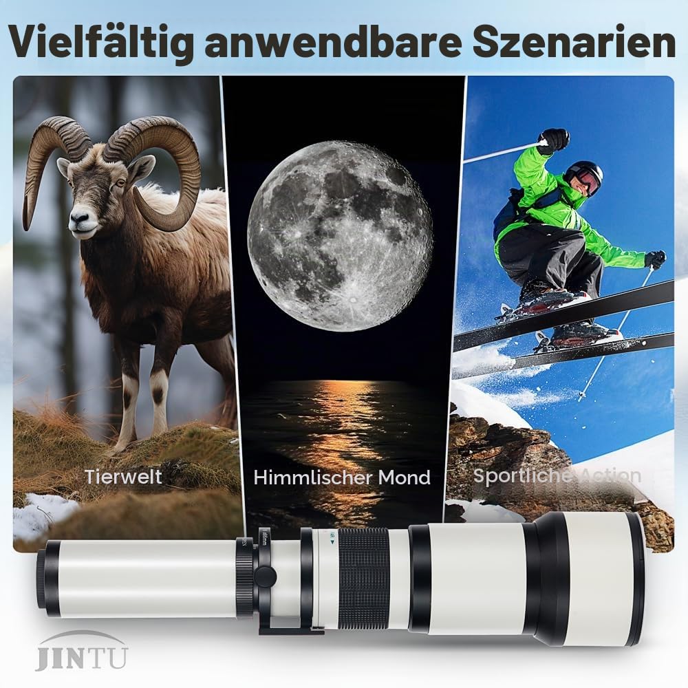 JINTU Teleobjektiv EF 650-1300mm F8 EF Objektiv für Canon SLR, Manueller Fokus MF Zoom Objektiv für Canon EOS Rebel T 4000D 2000D 1500D 1300D 1200D 850D 800D 750D 600D 500D 250D 90D 80D 77D 7D 6D 5D