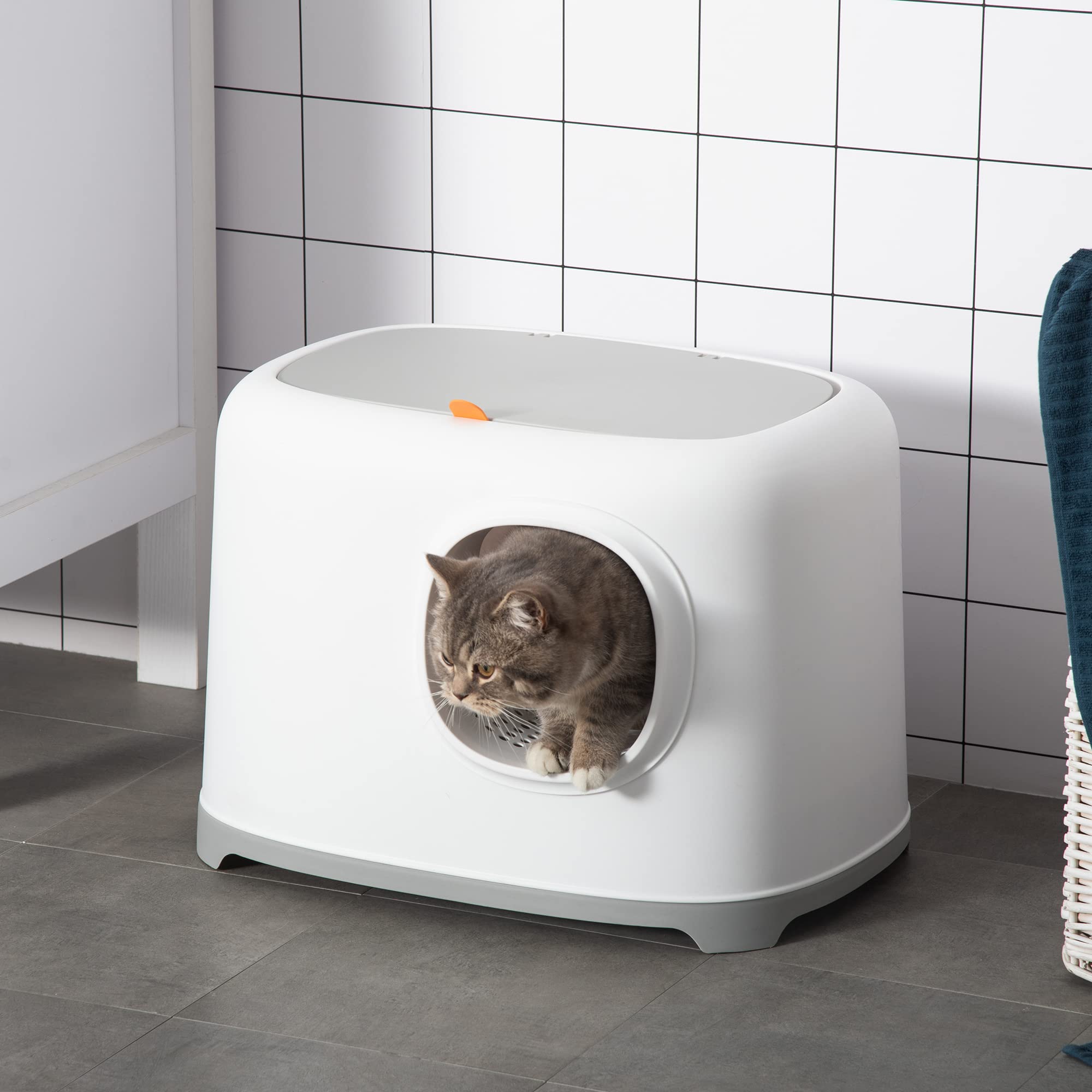 PawHut Caja de Arena para Gatos Arenero Cerrado para Gatos con Techo Abatible Orificio de Entrada Bandeja Extraíble y Pala Incluida 55x40x39 cm Blanco