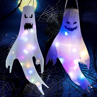 Halloween Ghost Windsocks with LED Light Halloween Wind Socks Flag Outdoor Ghost Hanging Decorations Spooky Hanging Flag for Halloween-Themed Party Decorations, Home Outdoor