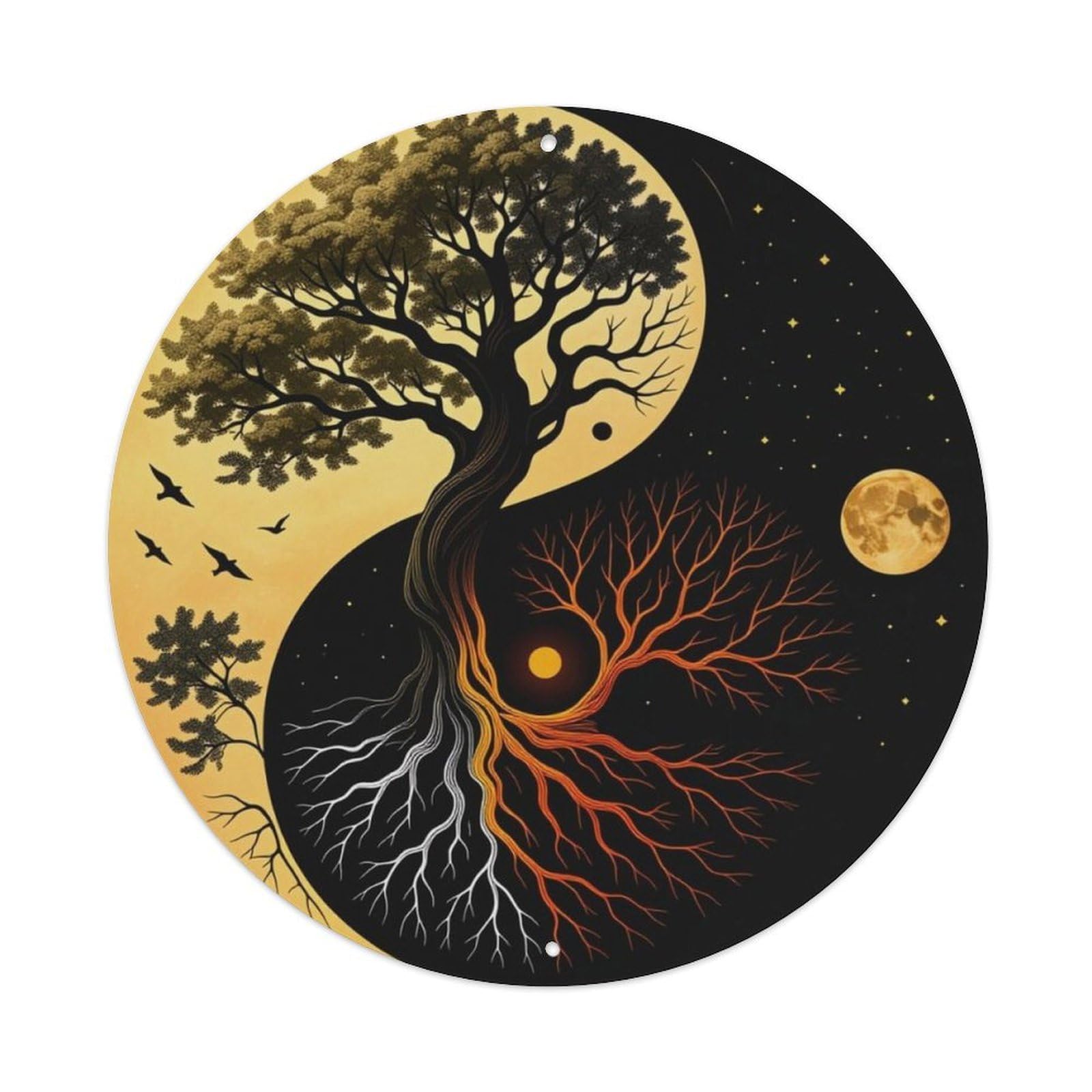 Yin Yang Tree Of Life Day And Night Round Sign Vintage Aluminium Metal Sign, Retro Wall Decor for Home, Bar, Garage & Farmhouse 20x20cm