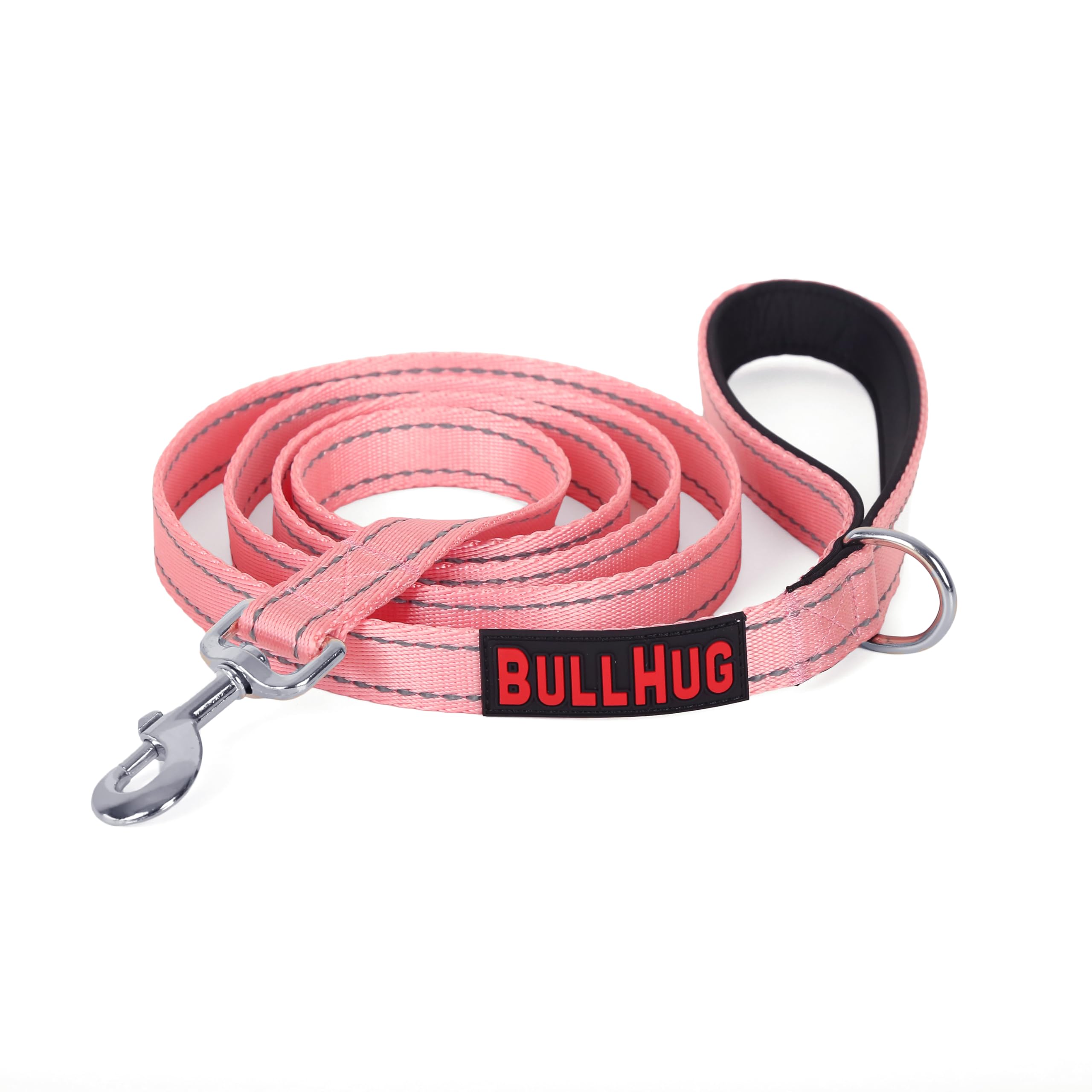 BULLHUG 6 FT Bulldog Leash with Padded Handle. Perfect for Bulldogs, French Bulldogs, Pugs & All Breeds. Leashes for Walking, Training Lead for Bulldogs (Reflective Stitching, BABYPINK)