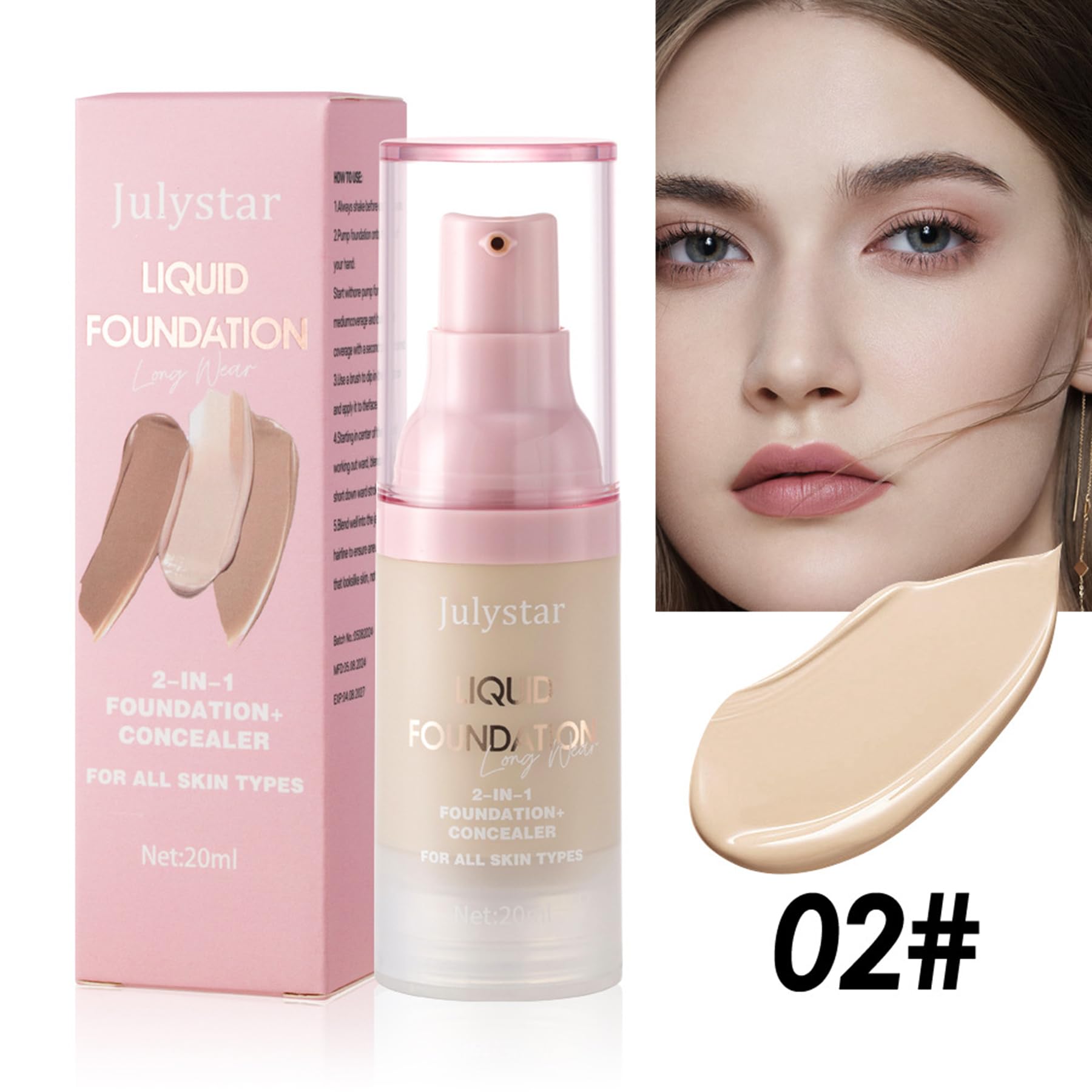 Matte Liquid Foundation - Long-lasting Waterproof 24H Full Coverage Makeup, Hydrating & Lightweight, Conceals Imperfections, Natural Finish, Vacuum Pump Design, 20ml - Image 2
