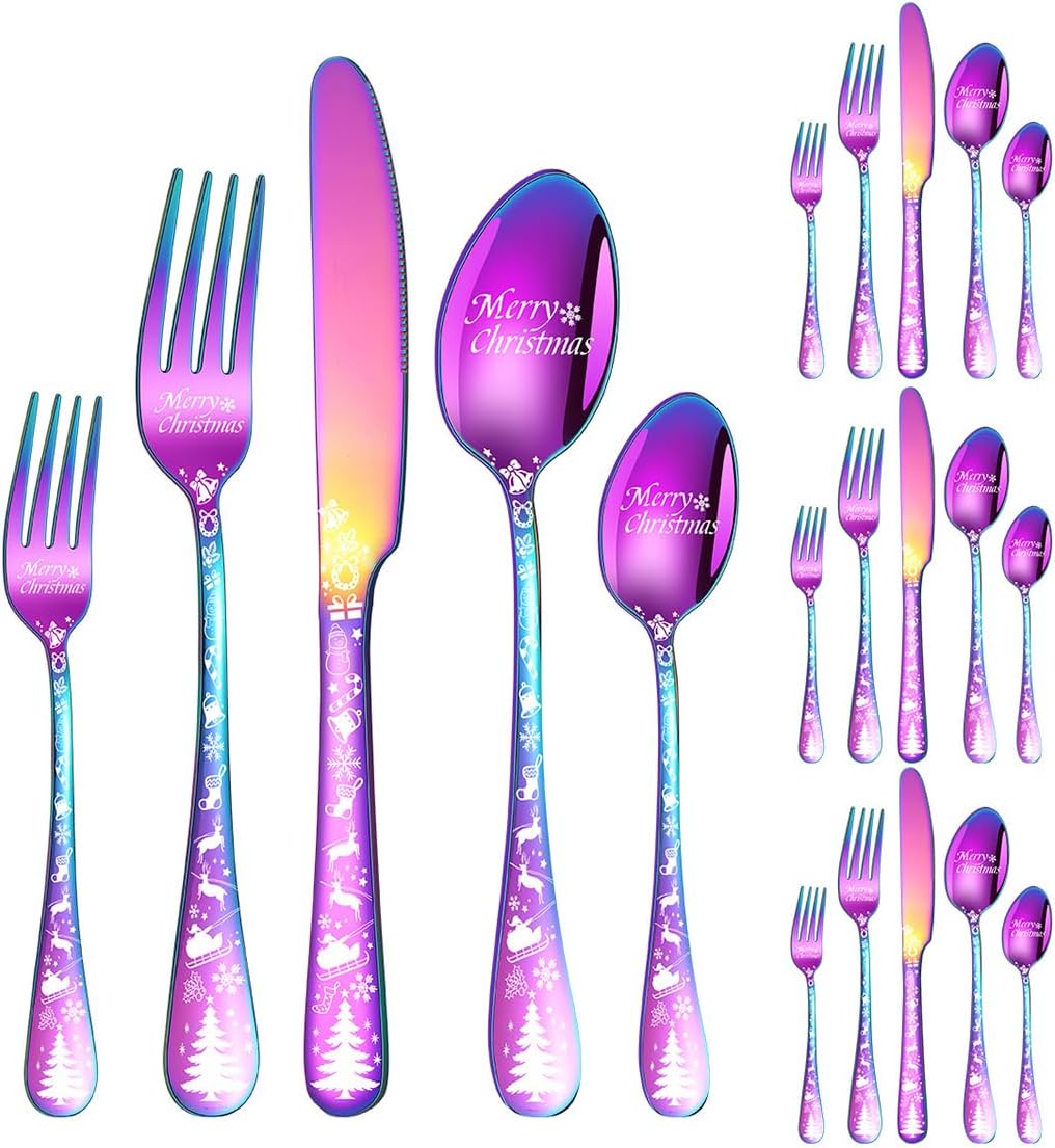 XIAOYU Christmas Silverware Set, 20 Piece Cutlery Set Includes Forks Knives and Spoons Service for 4, Unique Christmas Tree Pattern Design Flatware Tableware Set for Halloween Easter and Christmas