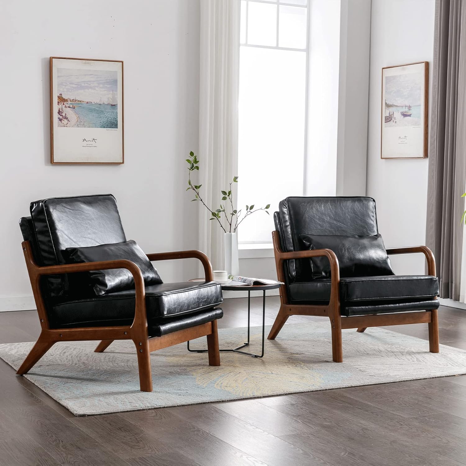 Black Leather Accent Chairs Set of 2, Mid Century Modern