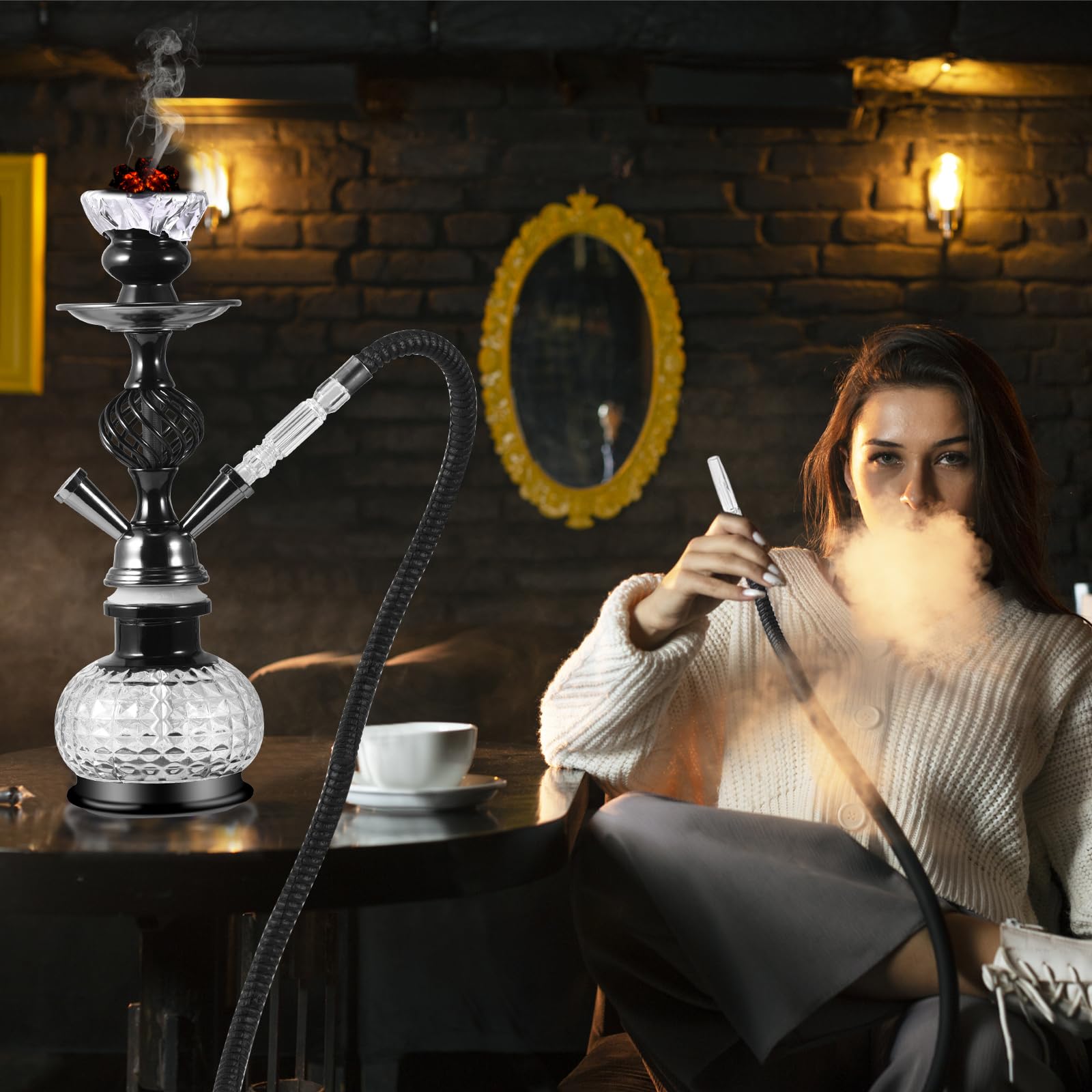 Shisha Wasserpfeife Set, 12 Zoll, Schwarz, mit 2 Schläuchen, Kristallglas-Vase, 50 Folien, 20 Mundstücken und Zange