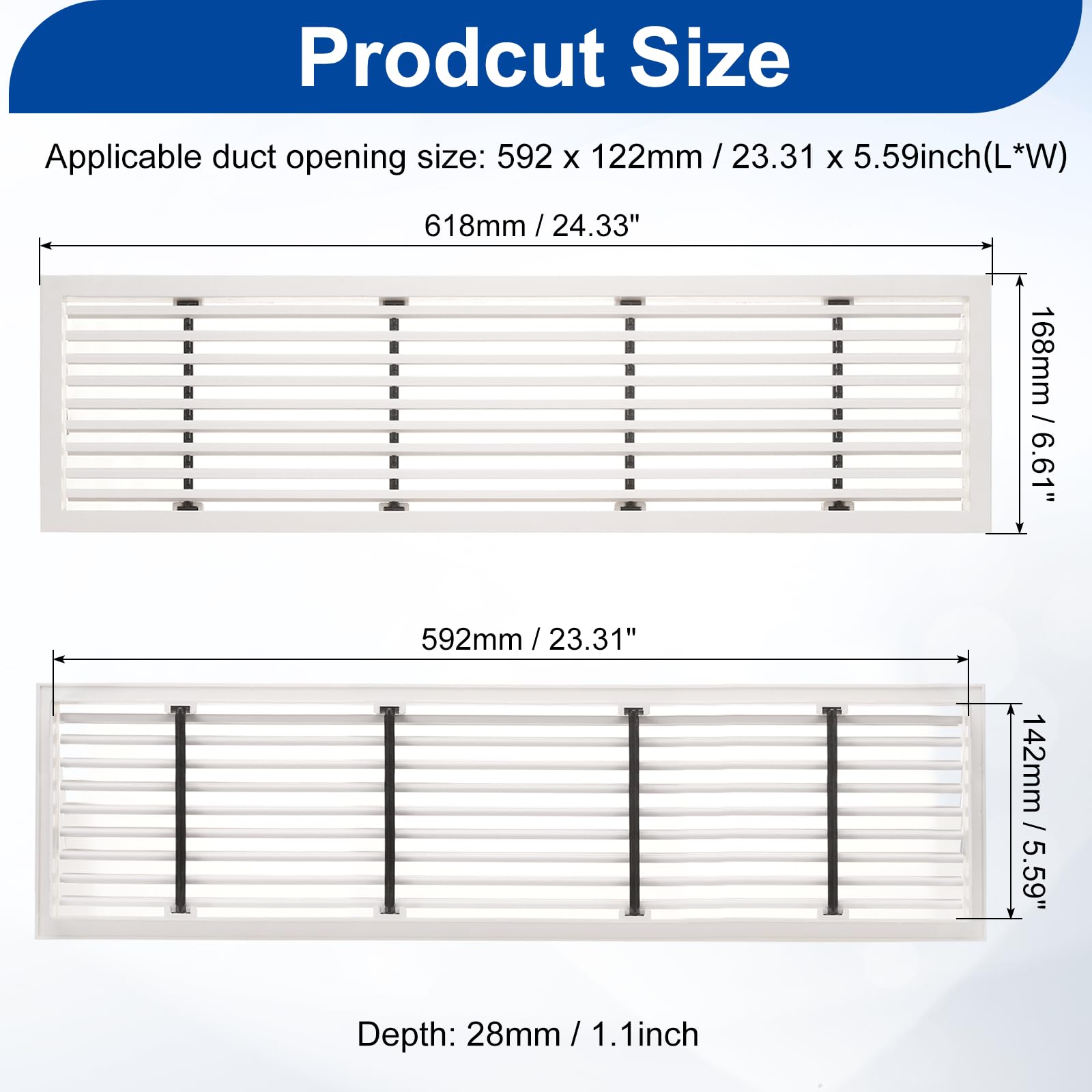 Rejilla de ventilación de barra lineal blanca de 24.3 x 6.6 pulgadas, difusor de ABS extraíble para pared de techo y suelo, diseño de rejilla para una ventilación eficiente del hogar y la oficina