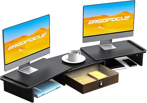 Miniatura 1 de ErgoFocus Soporte elevador de monitor doble con cajón de longitud y ángulo ajustables, soporte elevador para monitor para 2 monitores, soporte