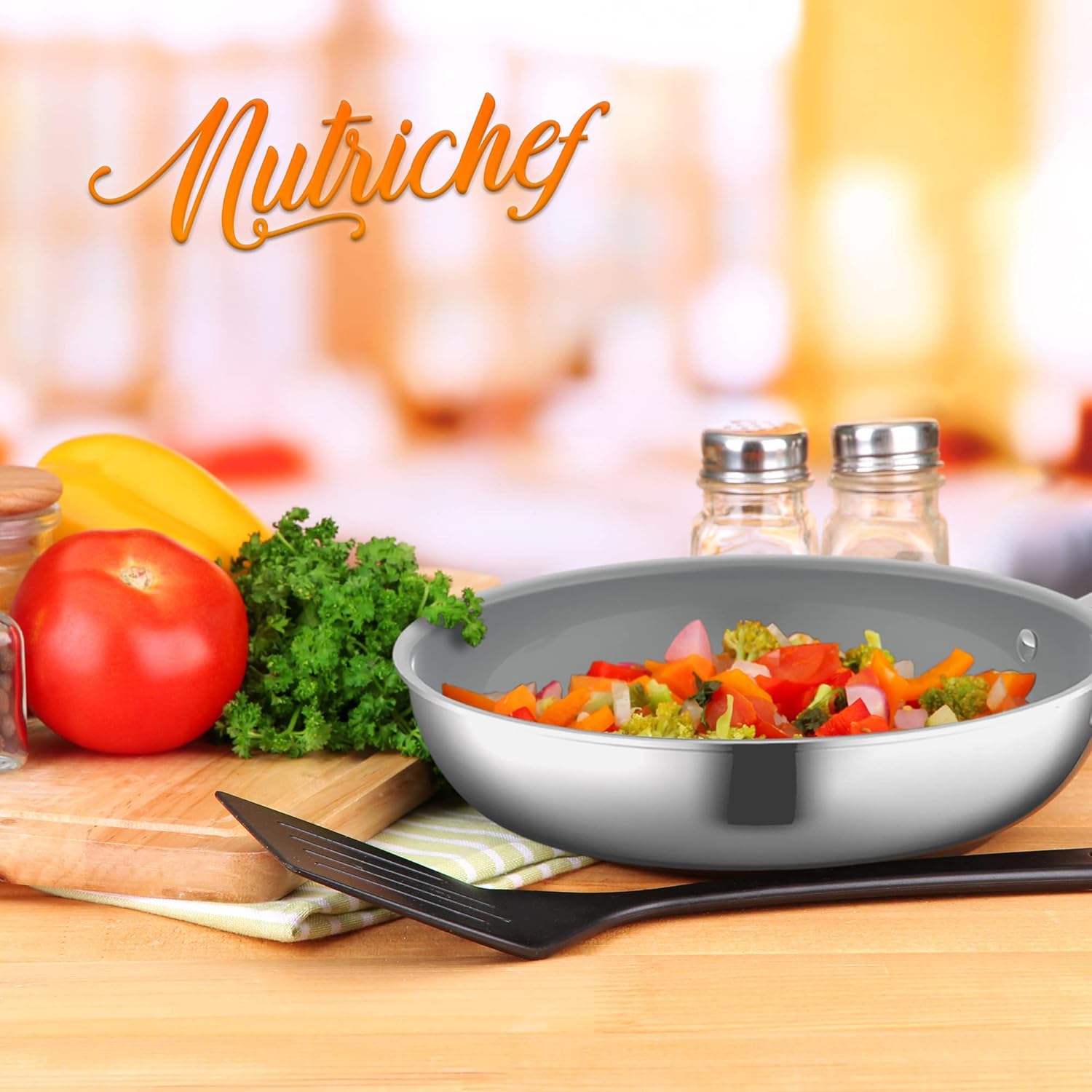 NutriChefKitchen Hollowed Cast Handles - Works w/ Model NCSSX45 9.5'' Large Fry Pan - PFOA/PFOS Free Stainless Steel Stain-Resistant Frying Pan Kitchen Cookware w/Durable Ceramic Non-Stick Coating