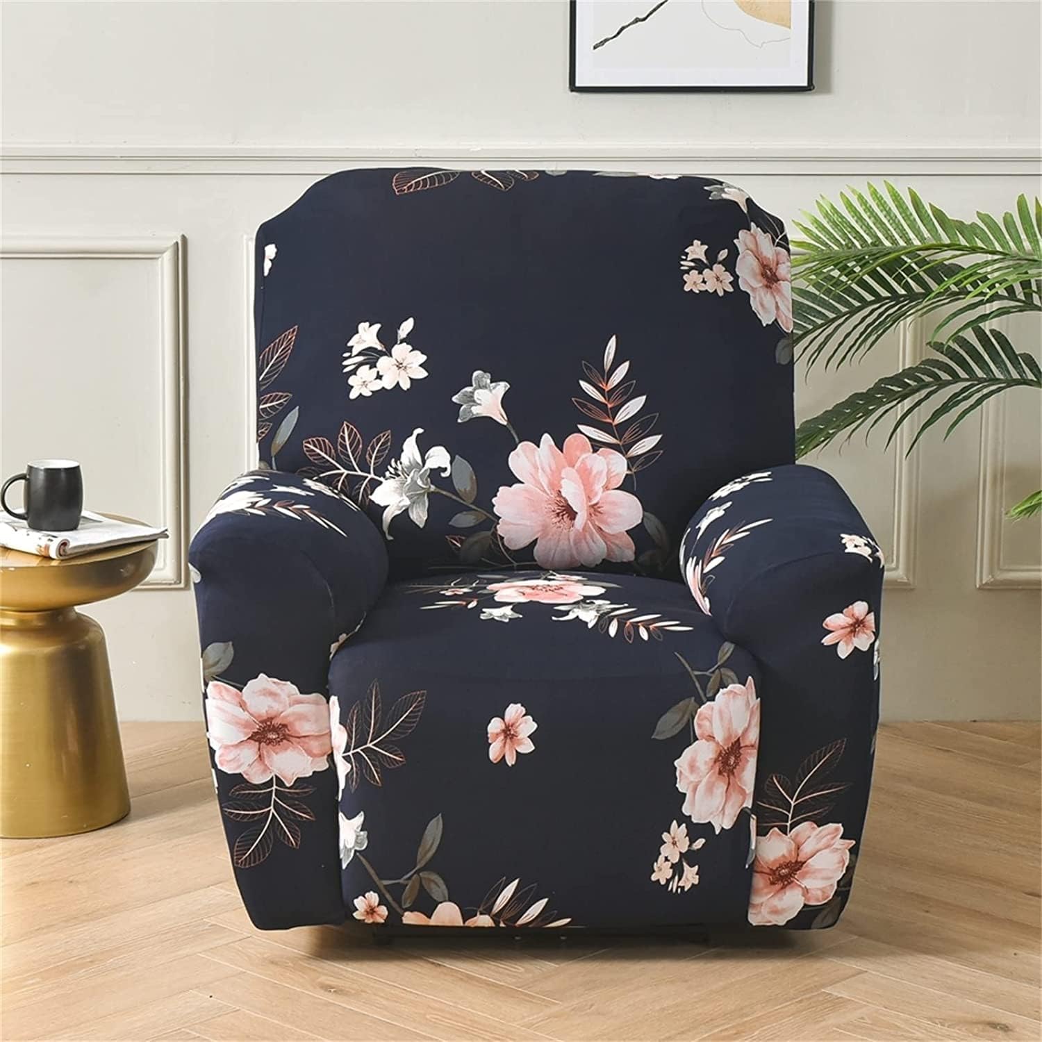 Recliner Slipcover Stretch Printed Lazy Boy Chair Covers 4-Pieces Floral Sofa Slipcover with Side Pocket for Rocking Recliner, Soft Furniture Protector (Color :Dark Blue)