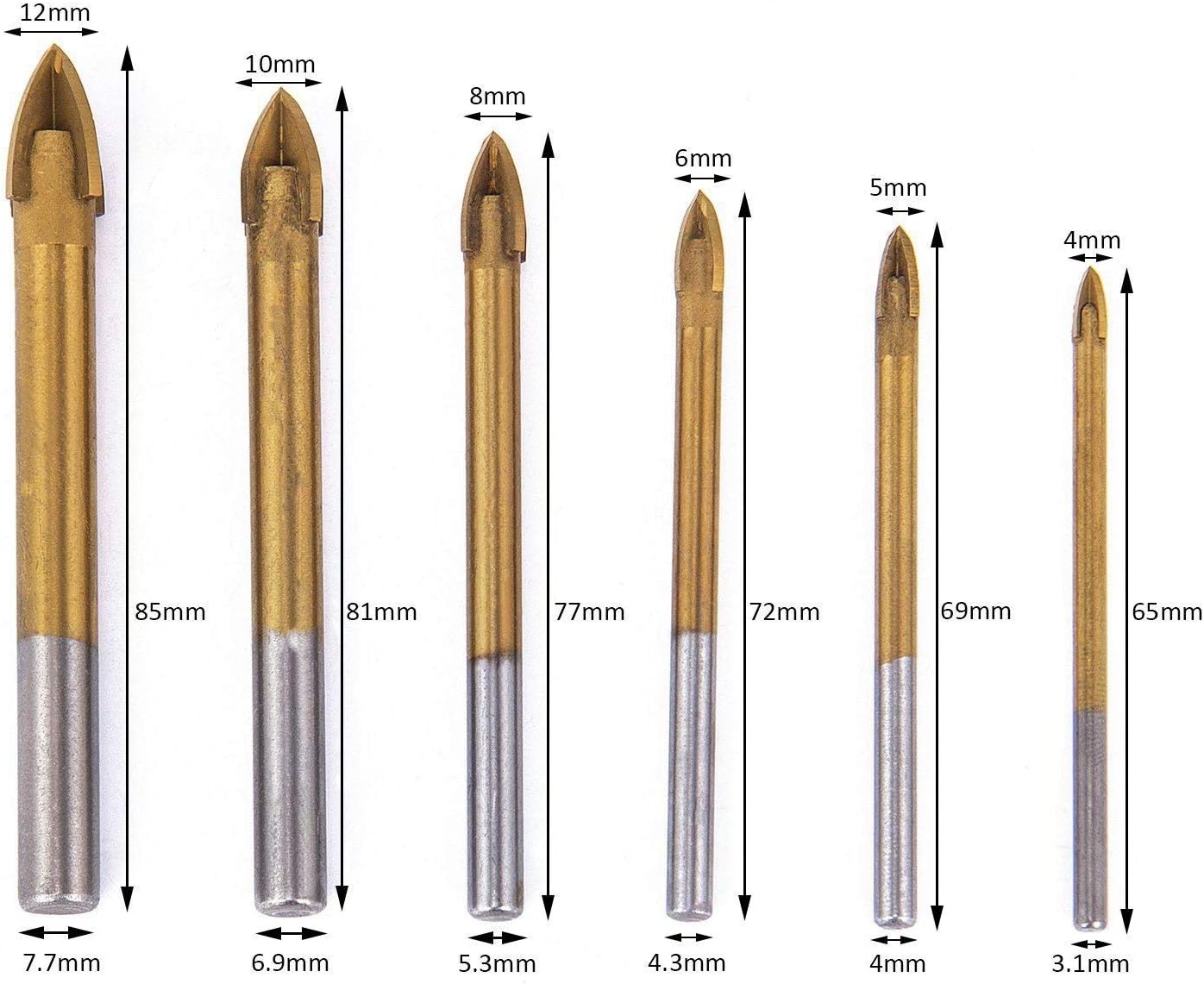 6pcs Titanium Coated Glass Drill Bits Set 4 Cutting Edges Cross Spear Head Drill with Hex Shank for Ceramic Tile Marble Mirror and Glass Tool Drill Bit