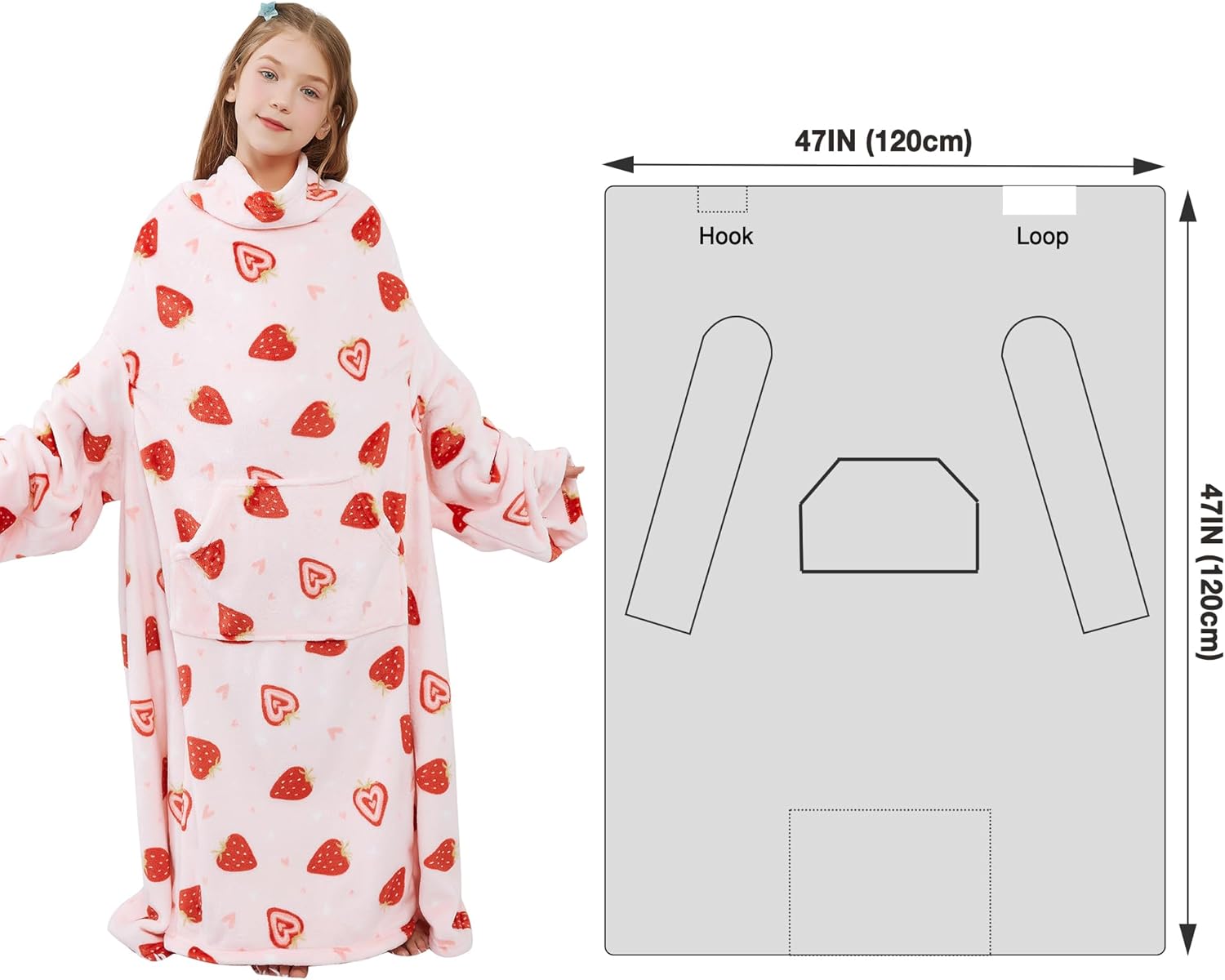 Viviland Wearable Fleece Blanket Hoodie, Blanket Hoodie for Kids with Sleeves & Foot Pocket, 47" X 47" Lightweight Soft Like Flannel, Pink Strawberry Pattern - Image 2